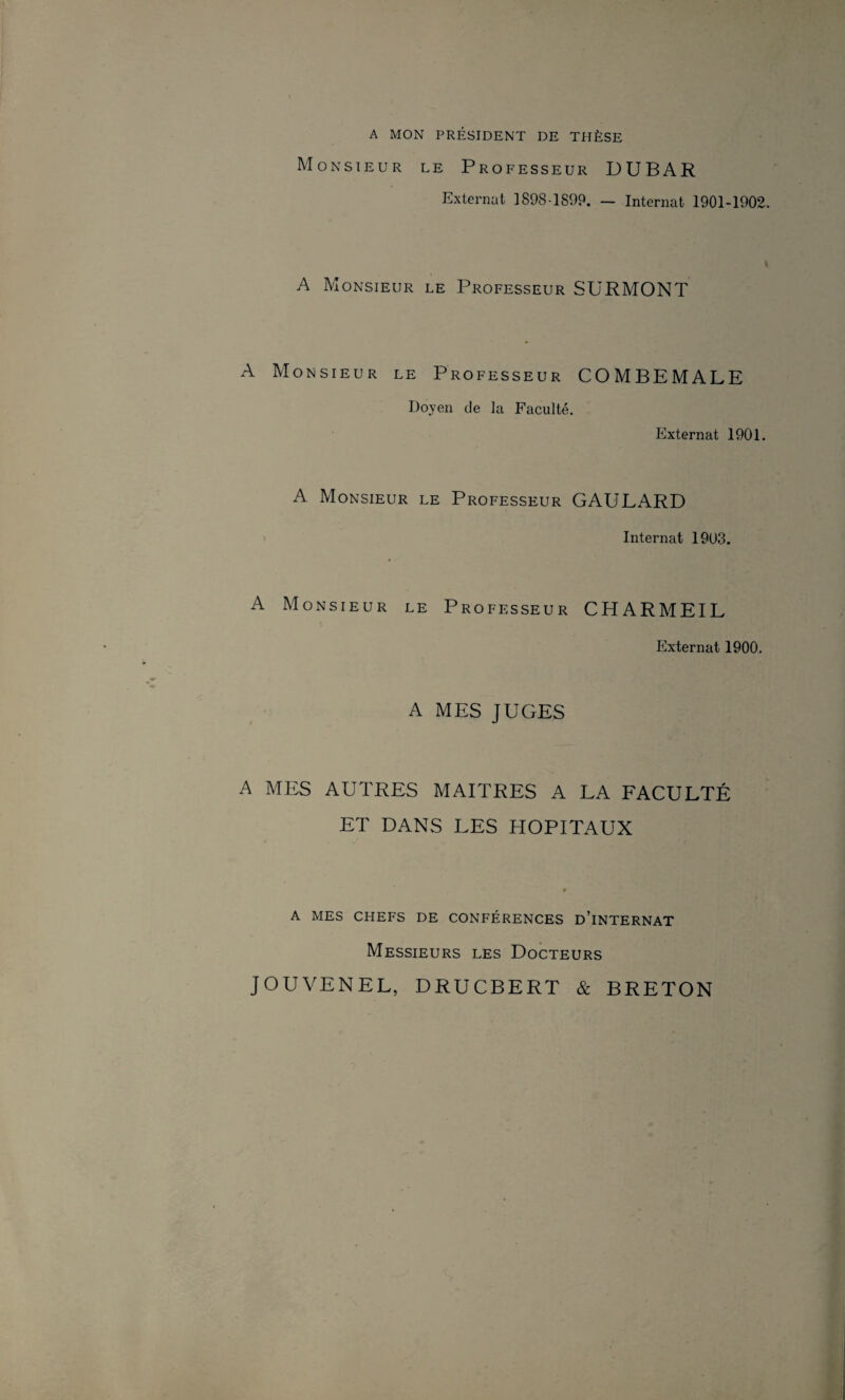 A MON PRÉSIDENT DE THÈSE Monsieur le Professeur DUBAR Externat 1898-1899. — Internat 1901-1902. A Monsieur le Professeur SURMONT A Monsieur le Professeur COMBEMALE Doyen de la Faculté. Externat 1901. A. Monsieur le Professeur GAULARD Internat 1903. A Monsieur le Professeur CHARMEIL Externat 1900. A MES JUGES A MES AUTRES MAITRES A LA FACULTÉ ET DANS LES HOPITAUX A MES CHEFS DE CONFÉRENCES ü’iNTERNAT Messieurs les Docteurs JOUVENEL, DRUCBERT & BRETON