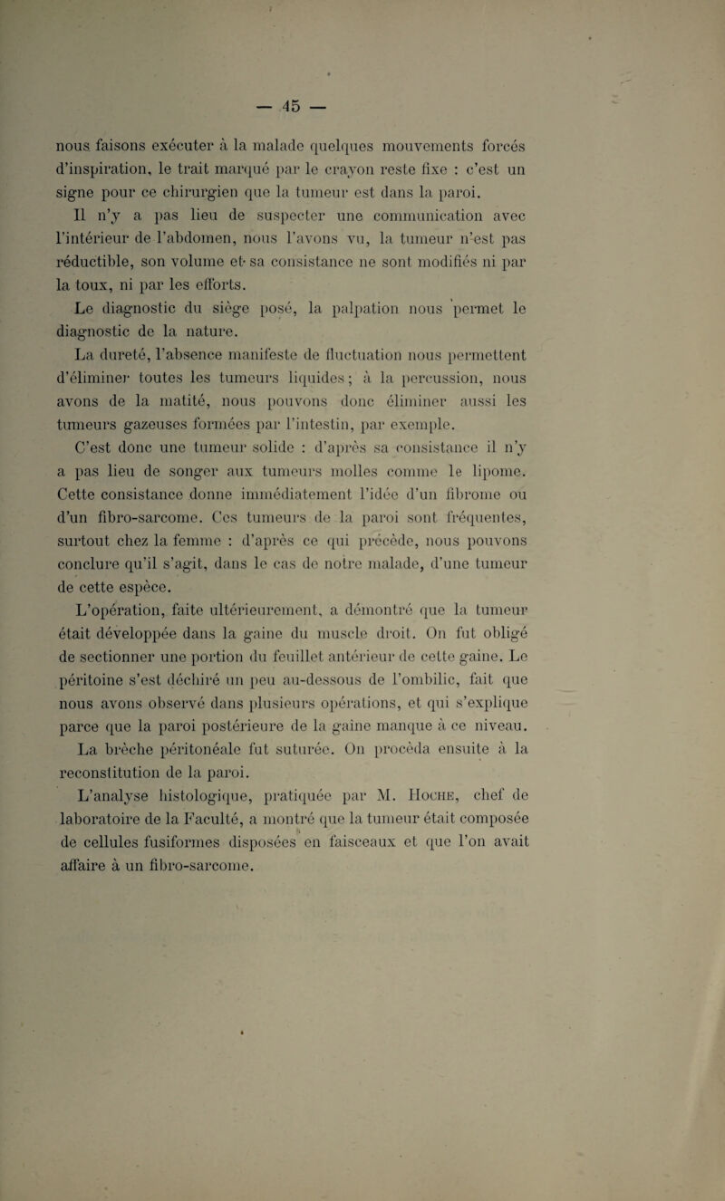 nous faisons exécuter à la malade quelques mouvements forcés d’inspiration, le trait marqué par le crayon reste fixe : c’est un signe pour ce chirurgien que la tumeur est dans la paroi. Il n’y a pas lieu de suspecter une communication avec l’intérieur de l’abdomen, nous l’avons vu, la tumeur n’est pas réductible, son volume et- sa consistance ne sont modifiés ni par la toux, ni par les efforts. Le diagnostic du siège posé, la palpation nous permet le diagnostic de la nature. La dureté, l’absence manifeste de fluctuation nous permettent d’éliminer toutes les tumeurs liquides ; à la percussion, nous avons de la matité, nous pouvons donc éliminer aussi les tumeurs gazeuses formées par l’intestin, par exemple. C’est donc une tumeur solide : d’après sa consistance il n’y a pas lieu de songer aux tumeurs molles comme le lipome. Cette consistance donne immédiatement l’idée d’un fibrome ou d’un fibro-sarcome. Ces tumeurs de la paroi sont fréquentes, surtout chez la femme : d’après ce qui précède, nous pouvons conclure qu’il s’agit, dans le cas de notre malade, d’une tumeur de cette espèce. L’opération, faite ultérieurement, a démontré que la tumeur était développée dans la gaine du muscle droit. On fut obligé de sectionner une portion du feuillet antérieur de cette gaine. Le péritoine s’est déchiré un peu au-dessous de l’ombilic, fait que nous avons observé dans plusieurs opérations, et qui s’explique parce que la paroi postérieure de la gaine manque à ce niveau. La brèche péritonéale fut suturée. On procéda ensuite à la reconstitution de la paroi. L’analyse histologique, pratiquée par M. Hoche, chef de laboratoire de la Faculté, a montré que la tumeur était composée fl de cellules fusiformes disposées en faisceaux et que l’on avait affaire à un fibro-sarcome.