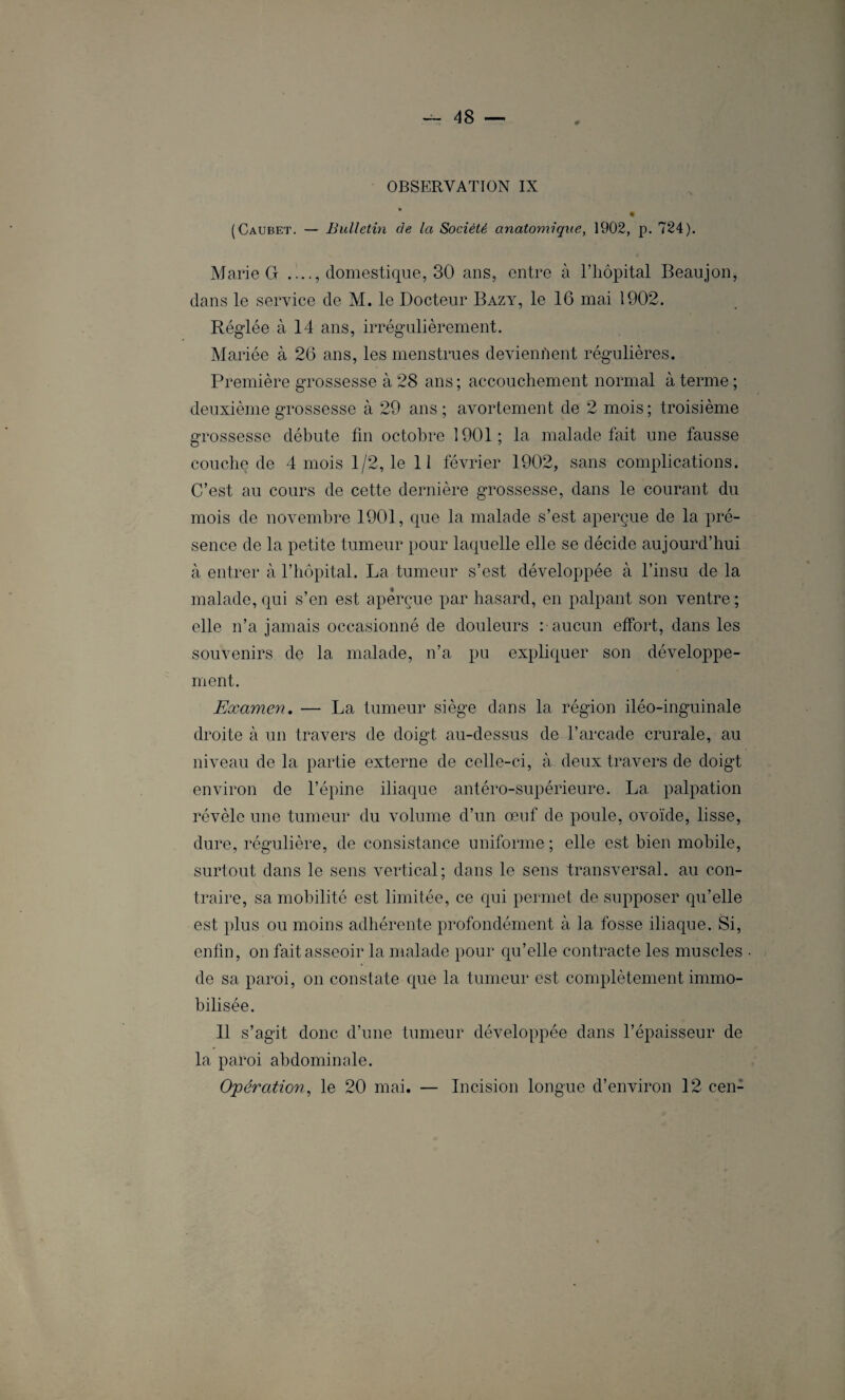 OBSERVATION IX » (Caubet. — Bulletin de la Société anatomique, 1902, p. 724). Marie G domestique, 30 ans, entre à l’hôpital Beaujon, dans le service de M. le Docteur Bazy, le 16 mai 1902. Réglée à 14 ans, irrégulièrement. Mariée à 26 ans, les menstrues deviennent régulières. Première grossesse à 28 ans ; accouchement normal à terme ; deuxième grossesse à 29 ans; avortement de 2 mois; troisième grossesse débute fin octobre 1901; la malade fait une fausse couche de 4 mois 1/2, le 11 février 1902, sans complications. C’est au cours de cette dernière grossesse, dans le courant du mois de novembre 1901, que la malade s’est aperçue de la pré¬ sence de la petite tumeur pour laquelle elle se décide aujourd’hui à entrer à l’hôpital. La tumeur s’est développée à l’insu de la malade, qui s’en est aperçue par hasard, en palpant son ventre ; elle n’a jamais occasionné de douleurs :• aucun effort, dans les souvenirs de la malade, n’a pu expliquer son développe¬ ment. Examen. — La tumeur siège dans la région iléo-inguinale droite à un travers de doigt au-dessus de l’arcade crurale, au niveau de la partie externe de celle-ci, à deux travers de doigt environ de l’épine iliaque antéro-supérieure. La palpation révèle une tumeur du volume d’un œuf de poule, ovoïde, lisse, dure, régulière, de consistance uniforme ; elle est bien mobile, surtout dans le sens vertical; dans le sens transversal, au con¬ traire, sa mobilité est limitée, ce qui permet de supposer qu’elle est plus ou moins adhérente profondément à la fosse iliaque. Si, enfin, on fait asseoir la malade pour qu’elle contracte les muscles de sa paroi, on constate que la tumeur est complètement immo¬ bilisée. Il s’agit donc d’une tumeur développée dans l’épaisseur de la paroi abdominale. Opération, le 20 mai. — Incision longue d’environ 12 cen-