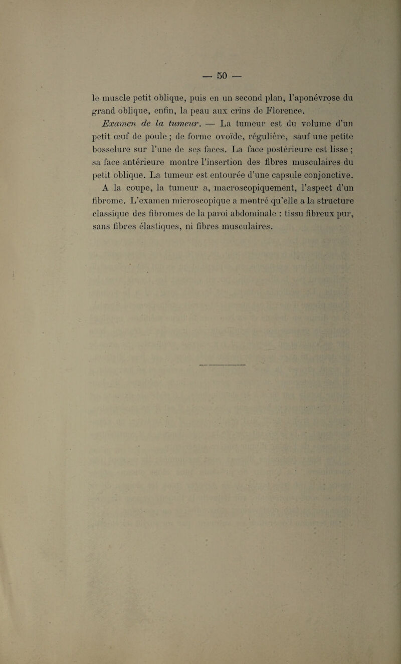 le muscle petit oblique, puis en un second plan, l’aponévrose du grand oblique, enfin, la peau aux crins de Florence. Examen de la tumeur. — La tumeur est du volume d’un petit œuf de poule ; de forme ovoïde, régulière, sauf une petite bosselure sur l’une de ses faces. La face postérieure est lisse ; sa face antérieure montre l’insertion des fibres musculaires du petit oblique. La tumeur est entourée d’une capsule conjonctive. A la coupe, la tumeur a, macroscopiquement, l’aspect d’un fibrome. L’examen microscopique a montré qu’elle a la structure classique des fibromes de la paroi abdominale : tissu fibreux pur, sans fibres élastiques, ni fibres musculaires.