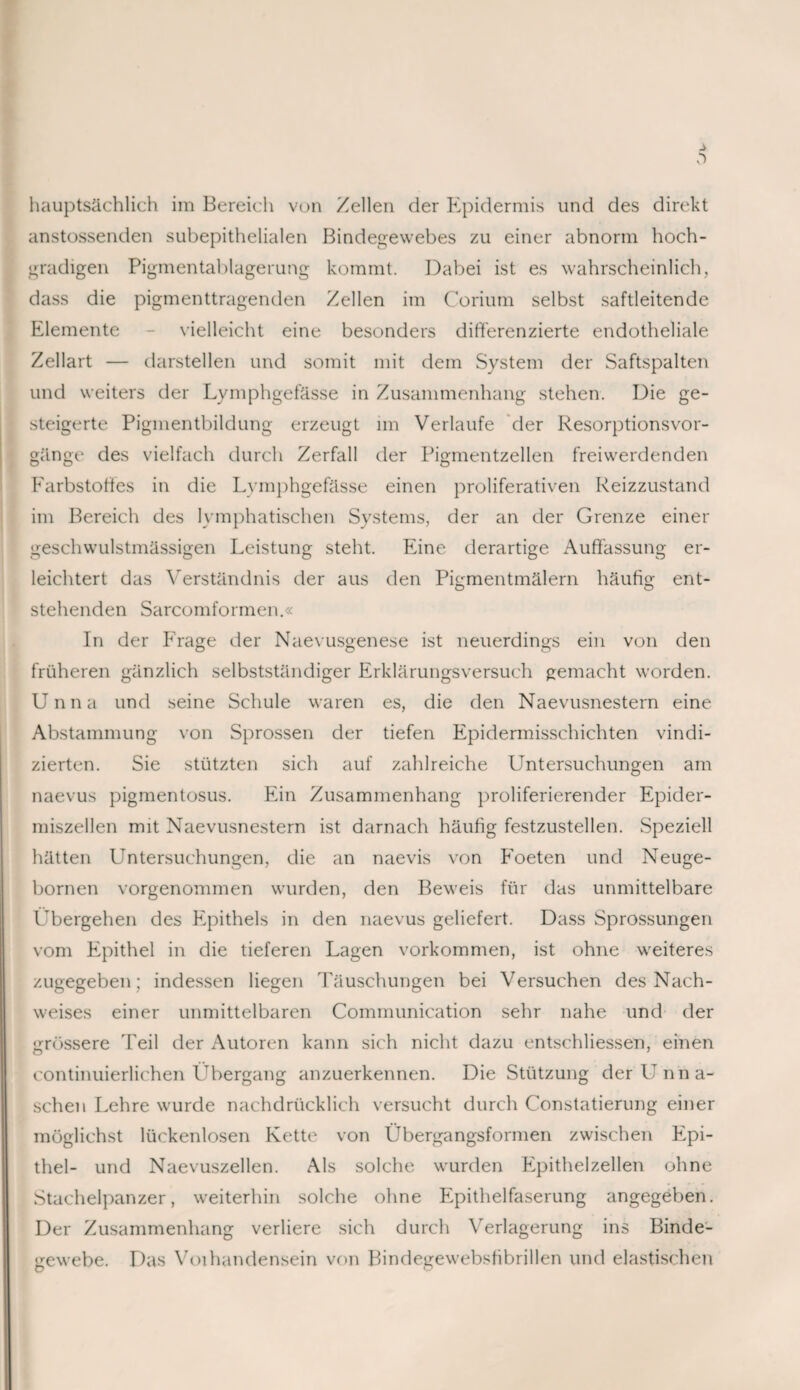 ö hauptsächlich im Bereich von Zellen der Epidermis und des direkt anstossenden subepithelialen Bindegewebes zu einer abnorm hoch¬ gradigen Pigmentablagerung kommt. Dabei ist es wahrscheinlich, dass die pigmenttragenden Zellen im Corium selbst saftleitende Elemente - vielleicht eine besonders differenzierte endotheliale Zellart — darstellen und somit mit dem System der Saftspalten und weiters der Lymphgefässe in Zusammenhang stehen. Die ge¬ steigerte Pigmentbildung erzeugt im Verlaufe der Resorptionsvor¬ gänge des vielfach durch Zerfall der Pigmentzellen frei werdenden Farbstoffes in die Lymphgefässe einen proliferativen Reizzustand im Bereich des lymphatischen Systems, der an der Grenze einer geschwulstmässigen Leistung steht. Eine derartige Auffassung er¬ leichtert das Verständnis der aus den Pigmentmälern häufig ent¬ stehenden Sarcomformen.« In der Frage der Naevusgenese ist neuerdings ein von den früheren gänzlich selbstständiger Erklärungsversuch gemacht worden. Unna und seine Schule waren es, die den Naevusnestern eine Abstammung von Sprossen der tiefen Epidermisschichten vindi- zierten. Sie stützten sich auf zahlreiche Untersuchungen am naevus pigmentosus. Ein Zusammenhang proliferierender Epider- miszellen mit Naevusnestern ist darnach häufig festzustellen. Speziell hätten Untersuchungen, die an naevis von Foeten und Neuge- bornen vorgenommen wurden, den Beweis für das unmittelbare Übergehen des Epithels in den naevus geliefert. Dass Sprossungen vom Epithel in die tieferen Lagen Vorkommen, ist ohne weiteres zugegeben; indessen liegen Täuschungen bei Versuchen des Nach¬ weises einer unmittelbaren Communication sehr nahe und der grössere Teil der Autoren kann sich nicht dazu entschliessen, einen continuierlichen Übergang anzuerkennen. Die Stützung der Unna¬ schen Lehre wurde nachdrücklich versucht durch Constatierung einer möglichst lückenlosen Kette von Übergangsformen zwischen Epi¬ thel- und Naevuszellen. Als solche wurden Epithelzellen ohne Stachelpanzer, weiterhin solche ohne Epithelfaserung angegeben. Der Zusammenhang verliere sich durch Verlagerung ins Binde¬ gewebe. Das Voihandensein von Bindegewebsfibrillen und elastischen