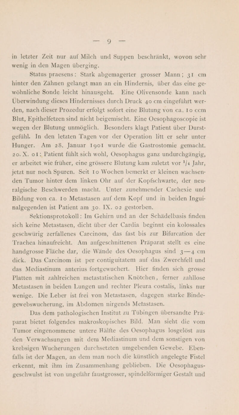 in letzter Zeit nur auf Milch und Suppen beschränkt, wovon sehr wenig in den Magen überging. Status praesens: Stark abgemagerter grosser Mann; 31 cm hinter den Zähnen gelangt man an ein Hindernis, über das eine ge¬ wöhnliche Sonde leicht hinausgeht. Eine Olivensonde kann nach Überwindung dieses Hindernisses durch Druck 40 cm eingeführt wer¬ den, nach dieser Prozedur erfolgt sofort eine Blutung von ca. io ccm Blut, Epithelfetzen sind nicht beigemischt. Eine Oesophagoscopie ist wegen der Blutung unmöglich. Besonders klagt Patient über Durst¬ gefühl. In den letzten Tagen vor der Operation litt er sehr unter Hunger. Am 28. Januar I901 wurde die Gastrostomie gemacht. 20. X. 01 : Patient fühlt sich wohl, Oesophagus ganz undurchgängig, er arbeitet wie früher, eine grössere Blutung kam zuletzt vor ij4 Jahr, jetzt nur noch Spuren. Seit io Wochen bemerkt er kleinen wachsen¬ den Tumor hinter dem linken Ohr auf der Kopfschwarte, der neu¬ ralgische Beschwerden macht. Unter zunehmender Cachexie und Bildung von ca. io Metastasen auf dem Kopf und in beiden Ingui¬ nalgegenden ist Patient am 30. IX. 02 gestorben. Sektionsprotokoll: Im Gehirn und an der Schädelbasis finden sich keine Metastasen, dicht über der Cardia beginnt ein kolossales geschwürig zerfallenes Carcinom, das fast bis zur Bifurcation der Trachea hinaufreicht. Am aufgeschnittenen Präparat stellt es eine handgrosse Fläche dar, die Wände des Oesophagus sind 3—4 cm dick. Das Carcinom ist per contiguitatem auf das Zwerchfell und das Mediastinum anterius fortgewuchert. Hier finden sich grosse Platten mit zahlreichen metastatischen Knötchen, ferner zahllose Metastasen in beiden Lungen und rechter Pleura costalis, links nur wenige. Die Leber ist frei von Metastasen, dagegen starke Binde¬ gewebswucherung, im Abdomen nirgends Metastasen. Das dem pathologischen Institut zu Tübingen übersandte Prä¬ parat bietet folgendes makroskopisches Bild. Man sieht die vom Tumor eingenommene untere Hälfte des Oesophagus losgelöst aus den Verwachsungen mit dem Mediastinum und dem sonstigen von krebsigen Wucherungen durchsetzten umgebenden Gewebe. Eben¬ falls ist der Magen, an dem man noch die künstlich angelegte Fistel erkennt, mit ihm im Zusammenhang geblieben. Die Oesophagus- geschwulst ist von ungefähr faustgrosser, spindelförmiger Gestalt und