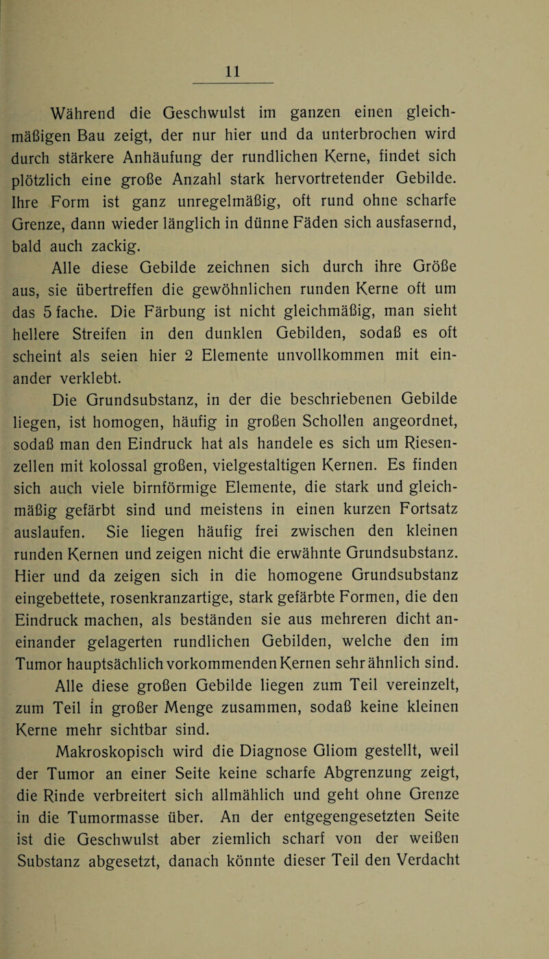 Während die Geschwulst im ganzen einen gleich¬ mäßigen Bau zeigt, der nur hier und da unterbrochen wird durch stärkere Anhäufung der rundlichen Kerne, findet sich plötzlich eine große Anzahl stark hervortretender Gebilde. Ihre Form ist ganz unregelmäßig, oft rund ohne scharfe Grenze, dann wieder länglich in dünne Fäden sich ausfasernd, bald auch zackig. Alle diese Gebilde zeichnen sich durch ihre Größe aus, sie übertreffen die gewöhnlichen runden Kerne oft um das 5 fache. Die Färbung ist nicht gleichmäßig, man sieht hellere Streifen in den dunklen Gebilden, sodaß es oft scheint als seien hier 2 Elemente unvollkommen mit ein¬ ander verklebt. Die Grundsubstanz, in der die beschriebenen Gebilde liegen, ist homogen, häufig in großen Schollen angeordnet, sodaß man den Eindruck hat als handele es sich um Riesen¬ zellen mit kolossal großen, vielgestaltigen Kernen. Es finden sich auch viele bimförmige Elemente, die stark und gleich¬ mäßig gefärbt sind und meistens in einen kurzen Fortsatz auslaufen. Sie liegen häufig frei zwischen den kleinen runden Kernen und zeigen nicht die erwähnte Grundsubstanz. Hier und da zeigen sich in die homogene Grundsubstanz eingebettete, rosenkranzartige, stark gefärbte Formen, die den Eindruck machen, als beständen sie aus mehreren dicht an¬ einander gelagerten rundlichen Gebilden, welche den im Tumor hauptsächlich vorkommenden Kernen sehr ähnlich sind. Alle diese großen Gebilde liegen zum Teil vereinzelt, zum Teil in großer Menge zusammen, sodaß keine kleinen Kerne mehr sichtbar sind. Makroskopisch wird die Diagnose Gliom gestellt, weil der Tumor an einer Seite keine scharfe Abgrenzung zeigt, die Rinde verbreitert sich allmählich und geht ohne Grenze in die Tumormasse über. An der entgegengesetzten Seite ist die Geschwulst aber ziemlich scharf von der weißen Substanz abgesetzt, danach könnte dieser Teil den Verdacht