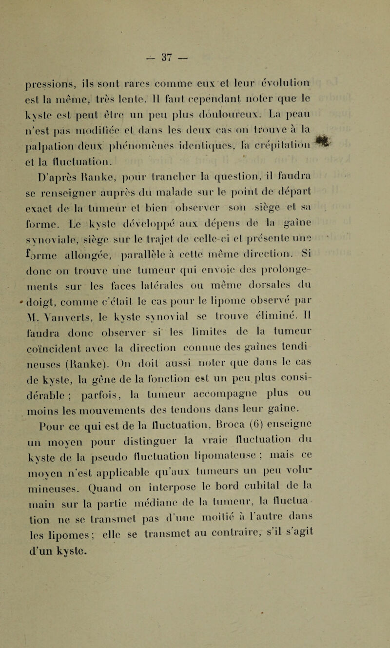 pressions, ils sont rares comme eux et leur évolution est la meme, très lenle. Il faut cependant noter que le kyste est peut être un peu plus douloureux. La peau n’est pas modiliée et dans les deux cas ou trouve à la palpation deux phénomènes identiques, la crépitation t * et la fluctuation. D’après Ranke, pour trancher la question, il faudra se renseigner auprès du malade sur le point de départ exact de la tumeur cl bien observer son siège et sa forme. Le kyste développé aux dépens de la gaine synoviale, siège sur le trajet de celle-ci et présente une forme allongée, parallèle à cette même direction. Si donc on trouve une tumeur qui envoie des prolonge¬ ments sur les faces latérales ou même dorsales du * doigt, comme c'était le cas pour le lipome observé par M. Vanverts, le kyste synovial se trouve éliminé. 11 faudra donc observer si les limites de la tumeur coïncident avec la direction connue des gaines tendi¬ neuses (Ranke). On doit aussi noter que dans le cas de kyste, la gêne de la fonction est un peu plus consi¬ dérable ; parfois, la tumeur accompagne plus ou moins les mouvements des tendons dans leur gaine. Pour ce qui est de la fluctuation, Rroca (6) enseigne un moyen pour distinguer la vraie fluctuation du kyste de la pseudo fluctuation lipoinatcusc , mais ce moyen n est applicable qu aux tumeurs un peu \olu mineuses. Quand on interpose le bord cubital de la main sur la partie médiane de la tumeur, la fluctua¬ tion ne se transmet pas d une moitié a 1 autre dans les lipomes ; elle se transmet au contraire, s il s agit d’un kyste.