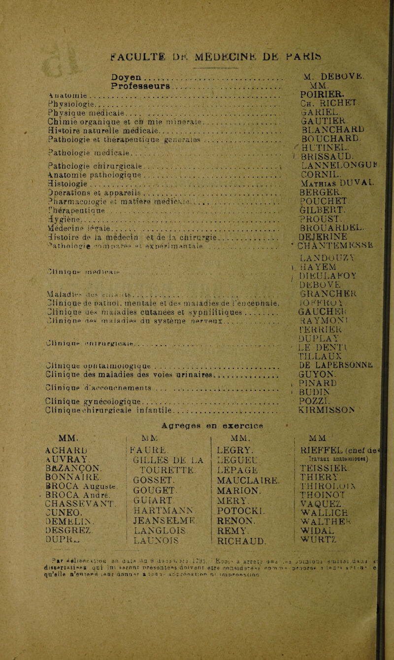 Doyen ... .. Professeurs. \ natomie. . Physiologie. Phvsioae médicale. Chimie organique et ch mie minérale. . . Histoire naturelle médicale. Pathologie et thérapeutique generaias .. . Pathologie médicale... Pathologie chirurgicale. Anatomie pathologique... Histologie.... Opérations et appareils._. Pharmacologie et matière médicale. Thérapeutique. ivgiène. Médecine légale. Histoire de la médecin et de la chirurgie •>af.hoiogie an m n a “î e x ne ? i m e n taie 01 i il i q a*-* m ed le an- ... -Vlaiadie> Ue> «:» ;<t i ts. . Clinique de nathol. mentale et des maladies de l'encéphale. Clinique des maladies cutanées et syphilitiques. Clinique rie* maladies du système nerveux. Clinique <*.n i ru rgieait;..r . . . . Clinique oun taimoiogique... Clinique des maladies des voies urinaires. Clinique d'accouchements. Clinique gynécologique... Cüniqne chirurgicale infantile. . . :. M. DEBOVE. MM. POIRIER. Ch. RICHET. GARIEL. GAUTIER. BLANCHARD BOUCHARD. • H U TIN EL. I BRISSAUD. LANNELONGUM CORNIL. Mathias DUVAL. BERGER. POUCHET. GILBERT. PROUST. BROUARDEL. DEJERINE * CU À NT LM KS SL LANDOUZY i UAYEM i DILULAKO Y ' DEBOVE GRANCHKR 10 KKRUx GAUCHER RAYMOND TERRIER DUPLAY. ' LE DENTl TILLAUX DE LAPERSONNE GUYON. * PINARD < BUDIN POZZI. KIRMISSON Agrégés en exercice MM. M A: MM. ACHARD aUVRAY. BfLZANCON. bonnaIre. BROCA Auguste. B RO CA André. CHASSEVANT. CUNEO. DEMELIN. DESGREZ. DUPR^ ! FAURE. GILLES DE LA TOURETTE. ! GOSSET. | GOUGET. GUIART. ! HARTMANN. ! JEANSELME. LANGLOIfe 1 LAUNOIS LEGRY. LEQUEL. LEPAGL. MAUCLAIRE. MARION. MER Y. POTOCKI. RENON. REMY. RICHAUD. *«liorr iv.ou an min du i) dàjyi. jîj 17Hj. ' Eao:- a a.rrâij p; . qu’elle :«ar donner aiam- idr/iwiion ni irati'nn^tinci | MM ; RIEFFEL (chef de* Travaux anaiomioues) ! TEISSIER. I THIERY. j THIROLui X ! THOINOT VAQUEZ wallich walthek i WIDAL i WUR.TZ -■i ruinions i'uini diuj cl