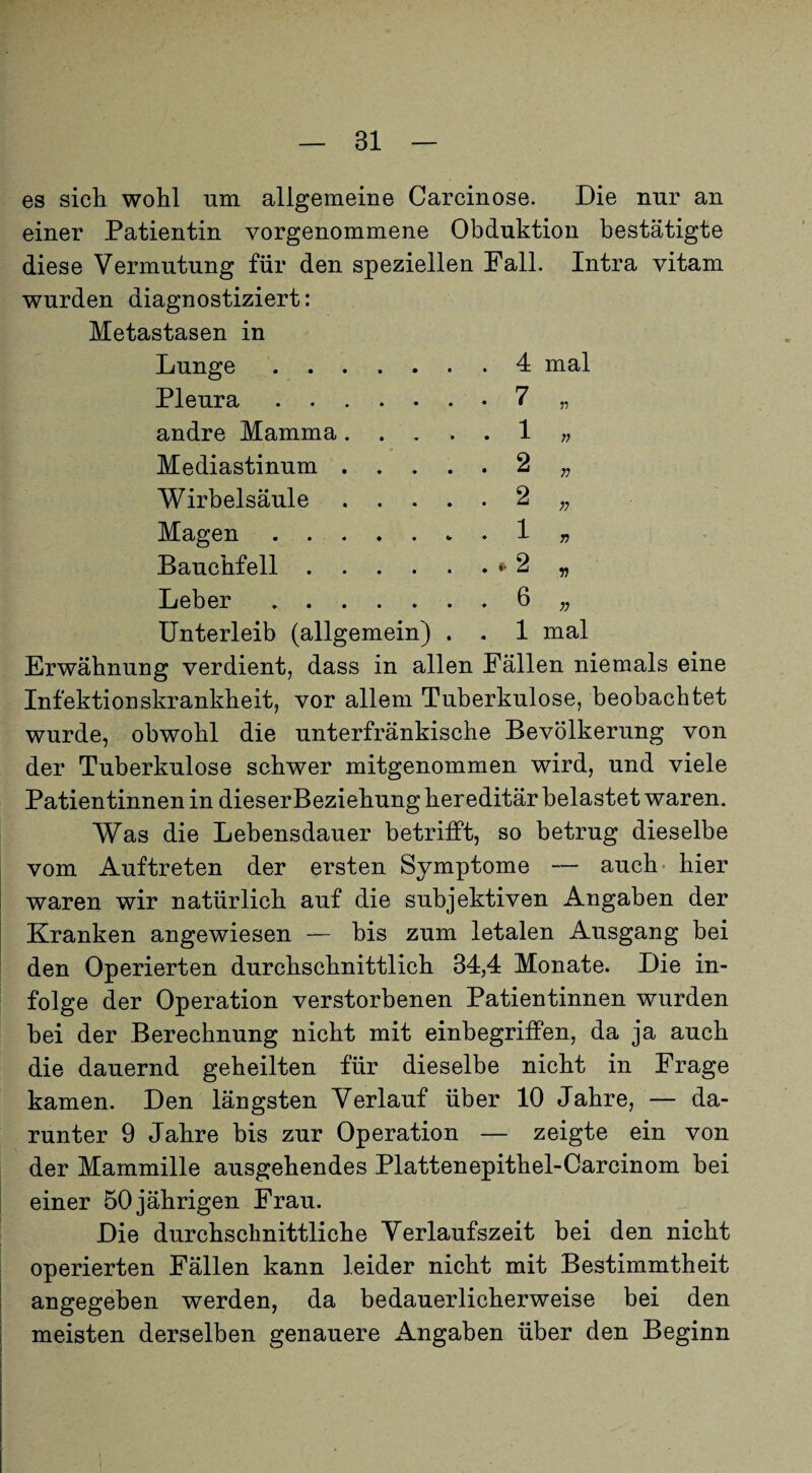 ;? ;7 n V n mal es sich wohl um allgemeine Carcinose. Die nur an einer Patientin vorgenommene Obduktion bestätigte diese Vermutung für den speziellen Pall. Intra vitam wurden diagnostiziert: Metastasen in Lunge.4 mal Pleura.7 „ andre Mamma. .... 1 Mediastinum . . . . . 2 Wirbelsäule.2 Magen. . 1 Bauchfell.**2 Leber 6 Unterleib (allgemein) . . 1 Erwähnung verdient, dass in allen Fällen niemals eine Infektionskrankheit, vor allem Tuberkulose, beobachtet wurde, obwohl die unterfränkische Bevölkerung von der Tuberkulose schwer mitgenommen wird, und viele Patientinnen in dieserBeziebung hereditär belastet waren. Was die Lebensdauer betrifft, so betrug dieselbe vom Auftreten der ersten Symptome — auch- hier waren wir natürlich auf die subjektiven Angaben der Kranken angewiesen — bis zum letalen Ausgang bei den Operierten durchschnittlich 34,4 Monate. Die in¬ folge der Operation verstorbenen Patientinnen wurden bei der Berechnung nicht mit einbegriffen, da ja auch die dauernd geheilten für dieselbe nicht in Frage kamen. Den längsten Verlauf über 10 Jahre, — da¬ runter 9 Jahre bis zur Operation — zeigte ein von der Mammille ausgehendes Plattenepithel-Carcinom bei einer 50 jährigen Frau. Die durchschnittliche Verlaufszeit bei den nicht operierten Fällen kann leider nicht mit Bestimmtheit angegeben werden, da bedauerlicherweise bei den meisten derselben genauere Angaben über den Beginn