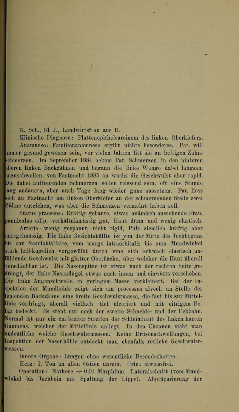 K. Sch., 51 J., Landwirtsfrau aus H. Klinische Diagnose: Plattenepithelcarcinom des linken Oberkiefers. Anamnese: Familienanamnese ergibt nichts besonderes. Pat. will mmer gesund gewesen sein, vor vielen Jahren litt sie an heftigen Zahn- chmerzen. Im September 1884 bekam Pat. Schmerzen in den hinteren bereu linken Backzähnen und begann die linke Wange dabei langsam |anzuschwellen, von Fastnacht 1885 an wuchs die Geschwulst aber rapid. )ie dabei auftretenden Schmerzen sollen reissend sein, oft eine Stunde lang andauern, aber auch Tage lang wieder ganz aussetzen. Pat. liess sich an Fastnacht am linken Oberkiefer an der schmerzenden Stelle zwei iähne ausziehen, was aber die Schmerzen vermehrt haben soll. Status praesens: Kräftig gebaute, etwas anämisch aussehende Frau, mnniculus adip. verhältnismässig gut, Haut dünn und wenig elastisch. Arterie: wenig gespannt, nicht rigid, Puls ziemlich kräftig aber inregelmässig. Die linke Gesichtshälfte ist von der Mitte des Jochbogens ns zur Nasolabialfalte, vom margo intraorbitalis bis zum Mundwinkel stark halbkugelich vorgewölbt durch eine sich schwach elastisch an- ^ühlende Geschwulst mit glatter Oberfläche, über welcher die Haut überall verschiebbar ist. Die Nasenspitze ist etwas nach der rechten Seite ge¬ lrängt, der linke Nasenflügel etwas nach innen und einwärts verschoben. )ie linke Augenschwelle in geringem Masse verkleinert. Bei der In¬ spektion der Mundhöhle zeigt sich am processus alveol. an Stelle der fehlenden Backzähne eine breite Geschwulstmasse, die fast bis zur Mittei¬ llinie vordringt, überall vielfach tief ulceriert und mit eitrigem Be¬ lag bedeckt. Es steht nur noch der zweite Schneide- und der Eckzahn, formal ist nur ein cm breiter Streifen der Schleimhaut des linken harten (Gaumens, welcher der Mittellinie anliegt. In den Choanen sieht man indeutliche weiche Geschwulstmassen. Keine Drüscnschwellungen, bei lnspektion der Nasenhöhle entdeckt man ebenfalls rötliche Geschwulst¬ lassen. Innere Organe: Lungen ohne wesentliche Besonderheiten. Herz: I. Ton an allen Ostien unrein. Urin: eiweissfrei. Operation: Narkose +0,01 Morphium. Latoralschnitt (vom Mund¬ winkel bis Jochbein mit Spaltung der Lippe). Abpräparierung der