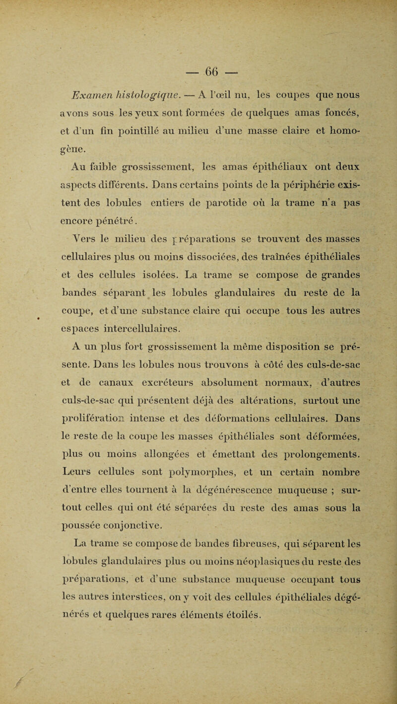 Examen histologique. — A l’œil nu, les coupes que nous avons sous les yeux sont formées de quelques amas foncés, et d’un fin pointillé au milieu d’une masse claire et homo¬ gène. Au faible grossissement, les amas épithéliaux ont deux aspects différents. Dans certains points de la périphérie exis¬ tent des lobules entiers de parotide où la trame n’a pas encore pénétré. Vers le milieu des préparations se trouvent des masses cellulaires plus ou moins dissociées, des traînées épithéliales et des cellules isolées. La trame se compose de grandes bandes séparant les lobules glandulaires du reste de la coupe, et d’une substance claire qui occupe tous les autres espaces intercellulaires. A un plus fort grossissement la même disposition se pré¬ sente. Dans les lobules nous trouvons à côté des culs-de-sac et de canaux excréteurs absolument normaux, d’autres culs-de-sac qui présentent déjà des altérations, surtout une prolifération intense et des déformations cellulaires. Dans le reste de la coupe les masses épithéliales sont déformées, plus ou moins allongées et émettant des prolongements. Leurs cellules sont polymorphes, et un certain nombre d’entre elles tournent à la dégénérescence muqueuse ; sur¬ tout celles qui ont été séparées du reste des amas sous la poussée conjonctive. La trame se compose de bandes fibreuses, qui séparent les lobules glandulaires plus ou moins néoplasiques du reste des préparations, et d’une substance muqueuse occupant tous les autres interstices, on y voit des cellules épithéliales dégé¬ nérés et quelques rares éléments étoilés.