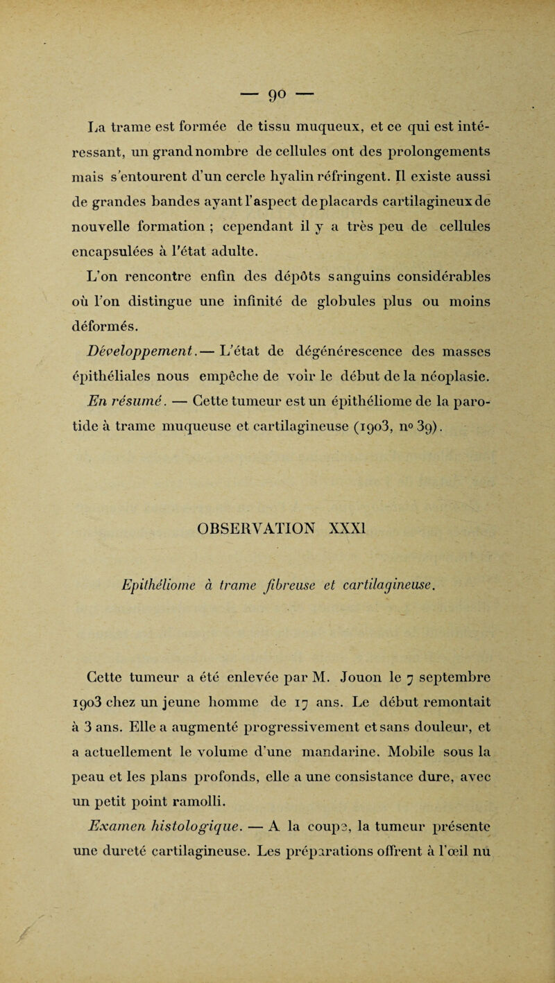 La trame est formée de tissu muqueux, et ce qui est inté¬ ressant, un grand nombre de cellules ont des prolongements mais s'entourent d’un cercle hyalin réfringent. Il existe aussi de grandes bandes ayant l’aspect de placards cartilagineux de nouvelle formation ; cependant il y a très peu de cellules encapsulées à l'état adulte. L’on rencontre enfin des dépôts sanguins considérables où I on distingue une infinité de globules plus ou moins déformés. Développement.— L'état de dégénérescence des masses épithéliales nous empêche de voir le début de la néoplasie. En résumé. — Cette tumeur est un épithéliome de la paro¬ tide à trame muqueuse et cartilagineuse (iqo3, n° 3q). OBSERVATION XXXI Epithéliome à trame fibreuse et cartilagineuse. Cette tumeur a été enlevée par M. Jouon le 7 septembre 1903 chez un jeune homme de 17 ans. Le début remontait à 3 ans. Elle a augmenté progressivement et sans douleur, et a actuellement le volume d’une mandarine. Mobile sous la peau et les plans profonds, elle a une consistance dure, avec un petit point ramolli. Examen histologique. — A la coupe, la tumeur présente une dureté cartilagineuse. Les préparations offrent à l’œil nu