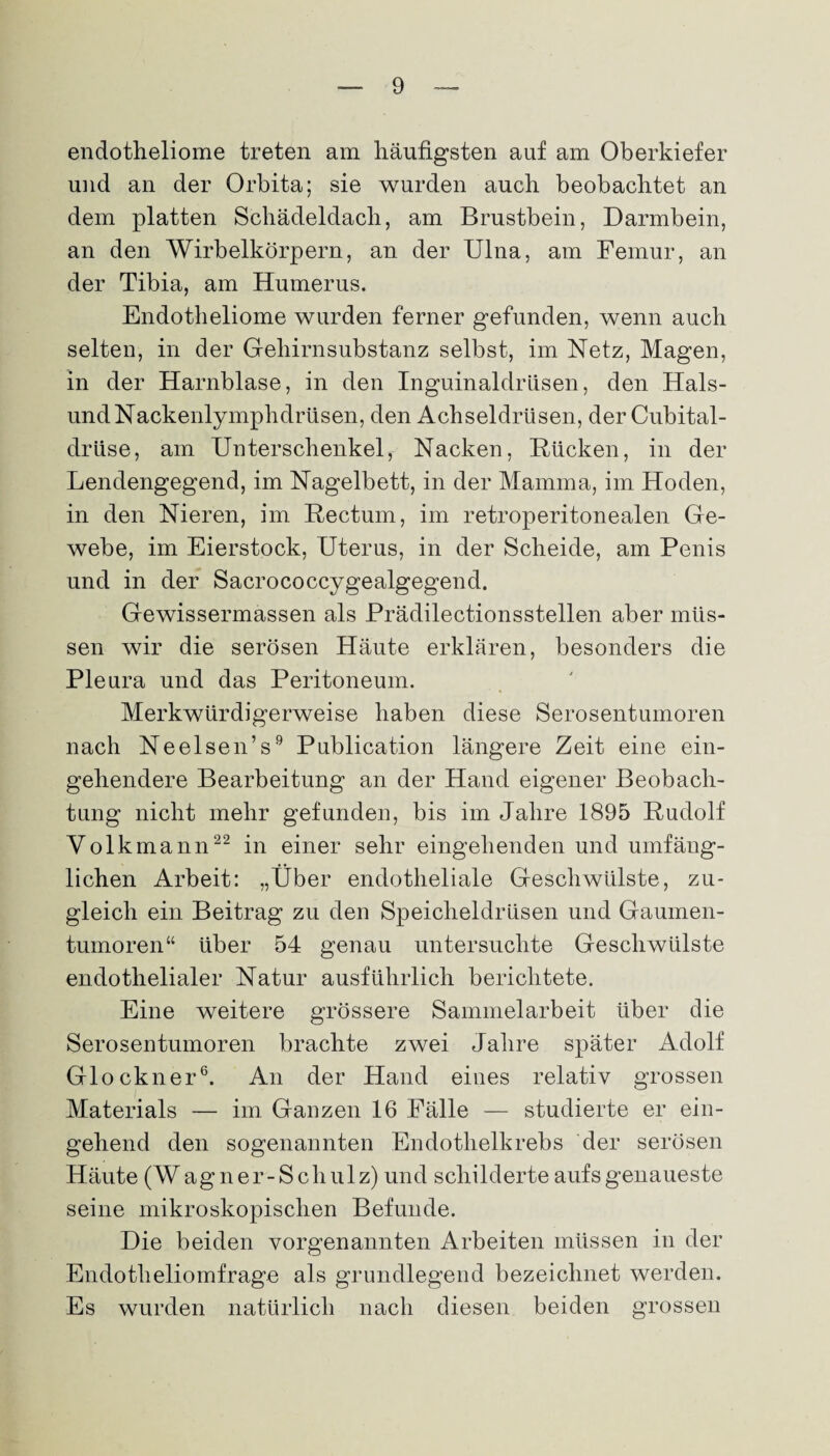 endotheliome treten am häufigsten auf am Oberkiefer und an der Orbita; sie wurden auch beobachtet an dem platten Schädeldach, am Brustbein, Darmbein, an den Wirbelkörpern, an der Ulna, am Femur, an der Tibia, am Humerus. Endotheliome wurden ferner gefunden, wenn auch selten, in der Gehirnsubstanz selbst, im Netz, Magen, in der Harnblase, in den Inguinaldrüsen, den Hais¬ und Nackenlymphdrüsen, den Achseldrüsen, der Cubital- drüse, am Unterschenkel, Nacken, Rücken, in der Lendengegend, im Nagelbett, in der Mamma, im Hoden, in den Nieren, im Rectum, im retroperitonealen Ge¬ webe, im Eierstock, Uterus, in der Scheide, am Penis und in der Sacrococcygealgegend. Gewissermassen als Prädilectionsstellen aber müs¬ sen wir die serösen Häute erklären, besonders die Pleura und das Peritoneum. Merkwürdigerweise haben diese Serosentumoren nach Neelsen’s9 Publication längere Zeit eine ein¬ gehendere Bearbeitung an der Hand eigener Beobach¬ tung nicht mehr gefunden, bis im Jahre 1895 Rudolf Volkmann22 in einer sehr eingehenden und umfäng¬ lichen Arbeit: „Über endotheliale Geschwülste, zu¬ gleich ein Beitrag zu den Speicheldrüsen und Gaumen¬ tumoren“ über 54 genau untersuchte Geschwülste endothelialer Natur ausführlich berichtete. Eine weitere grössere Sammelarbeit über die Serosentumoren brachte zwei Jahre später Adolf Glöckner6. An der Hand eines relativ grossen Materials — im Ganzen 16 Fälle — studierte er ein¬ gehend den sogenannten Endothelkrebs der serösen Häute (W agn er-Schulz) und schilderte aufs genaueste seine mikroskopischen Befunde. Die beiden vorgenannten Arbeiten müssen in der Endotheliomfrage als grundlegend bezeichnet werden. Es wurden natürlich nach diesen beiden grossen