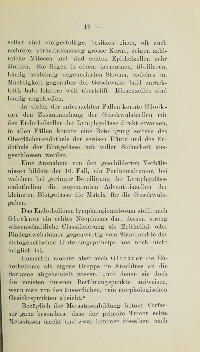 selbst sind vielgestaltige, besitzen einen, oft auch mehrere, verhältnismässig grosse Kerne, zeigen zahl¬ reiche Mitosen und sind echten Epithelzellen sehr ähnlich. Sie liegen in einem kernarmen, fibrillären, häufig schleimig degenerierten Stroma, welches an Mächtigkeit gegenüber der Geschwulst bald zurück¬ tritt, bald letztere weit übertrifft. Riesenzellen sind häufig angetroffen. In vielen der untersuchten Fällen konnte Glöck¬ ner den Zusammenhang der Geschwulstzellen mit den Endothelzellen der Lymphgefässe direkt erweisen, in allen Fällen konnte eine Beteiligung seitens des Oberflächenendothels der serösen Häute und des En¬ dothels der Blutgefässe mit voller Sicherheit aus¬ geschlossen werden. Eine Ausnahme von den geschilderten Verhält¬ nissen bildete der 16. Fall, ein Peritonealtumor, bei welchem bei geringer Beteiligung der Lymphgefäss- endotlielien die sogenannten Adventitiazellen der kleinsten Blutgefässe die Matrix für die Geschwulst gaben. Das Endothelioma lymphangiomatosum stellt nach Glöckner ein echtes Neoplasma dar, dessen streng wissenschaftliche Classificierung als Epithelial- oder Bindegewebstumor gegenwärtig vom Standpunkte des histogenetischen Einteilungsprincips aus noch nicht möglich ist. Immerhin möchte aber auch Glöckner die En- dotheliome als eigene Gruppe im Anschluss an die Sarkome abgehandelt wissen, „mit denen sie doch die meisten inneren Berührungspunkte aufweisen, wenn man von den äusserlichen, rein morphologischen Gesichtspunkten absieht.“ Bezüglich der Metastasenbildung betont Verfas¬ ser ganz besonders, dass der primäre Tumor echte Metastasen macht und zwar kommen dieselben, nach