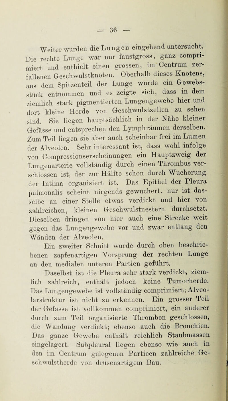 Weiter wurden die Lungen eingehend untersucht. Die rechte Lunge war nur faustgross, ganz compn- miert und enthielt einen grossen, im Centrum zer¬ fallenen Geschwulstknoten. Oberhalb dieses Knotens, aus dem Spitzenteil der Lunge wurde ein Gewebs- stlick entnommen und es zeigte sich, dass in dem ziemlich stark pigmentierten Lungengewebe hier und dort kleine Herde von Geschwulstzellen zu sehen sind. Sie liegen hauptsächlich in der Nähe kleiner Gefässe und entsprechen den Lymphräumen derselben. Zum Teil liegen sie aber auch scheinbar frei im Lumen der Alveolen. Sehr interessant ist, dass wohl infolge von Compressionserscheinungen ein Hauptzweig der Lungenarterie vollständig durch einen Thrombus ver¬ schlossen ist, der zur Hälfte schon durch Wucherung der Intima organisiert ist. Das Epithel der Pleuia pulmonalis scheint nirgends gewuchert, nur ist das¬ selbe an einer Stelle etwas verdickt und hier von zahlreichen, kleinen Geschwulstnestern durchsetzt. Dieselben dringen von hier auch eine Strecke weit gegen das Lungengewebe vor und zwar entlang den Wänden der Alveolen. Ein zweiter Schnitt wurde durch oben beschrie¬ benen zapfenartigen Vorsprung der rechten Lunge an den medialen unteren Partien geführt. Daselbst ist die Pleura sehr stark verdickt, ziem¬ lich zahlreich, enthält jedoch keine Tumorherde. Das Lungengewebe ist vollständig comprimiert; Alveo¬ larstruktur ist nicht zu erkennen. Ein grosser Teil der Gefässe ist vollkommen comprimiert, ein anderer durch zum Teil organisierte Thromben geschlossen, die Wandung verdickt; ebenso auch die Bronchien. Das ganze Gewebe enthält reichlich Staubmassen eingelagert. Subpleural liegen ebenso wie auch in den im Centrum gelegenen Partieen zahlreiche Ge¬ schwulstherde von drüsenartigem Bau.