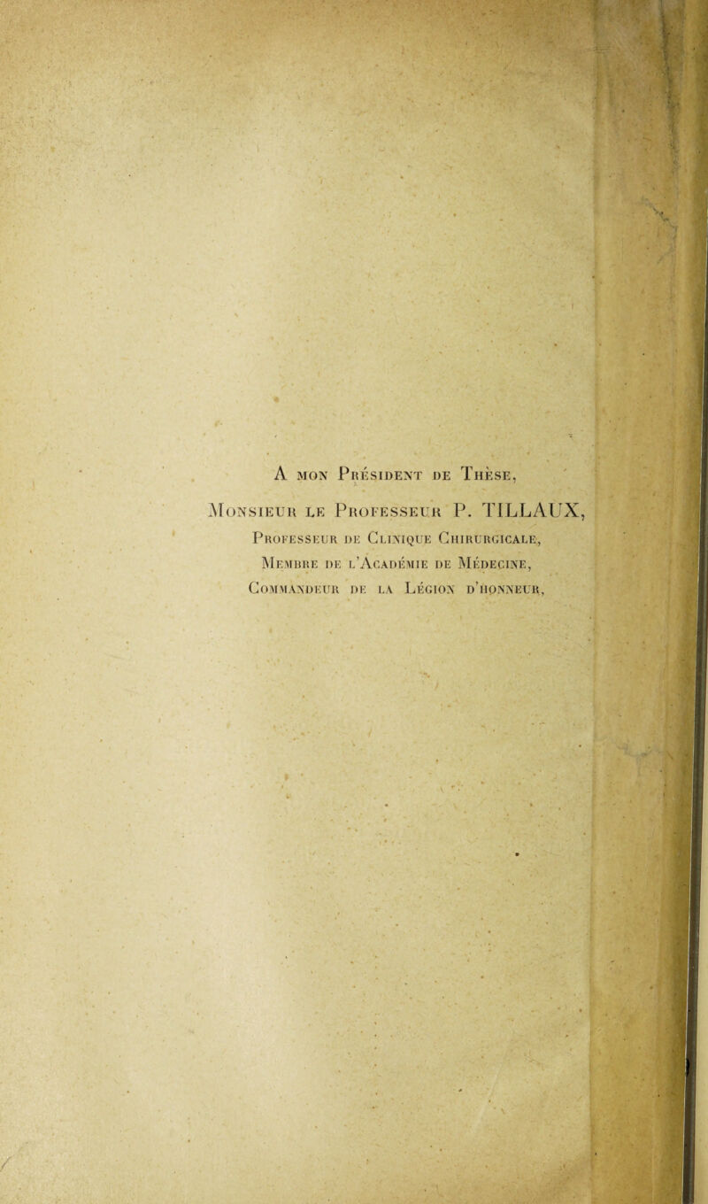 -’V .1 ' A * \ ’ n ■ A mon Président de Thèse, x 1 Monsieur le Professeur P. TILLAUX, Professeur de Clinique Chirurgicale, Membre de l’Académie de Médecine, Commandeur de la Légion d’honneur, » ' '