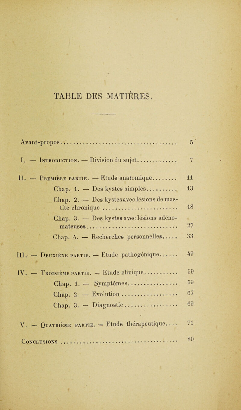 TABLE DES MATIÈRES. Avant-propos.,. 5 I. — Introduction. — Division du sujet. 7 II. — Première partie. —Etude anatomique. 11 Chap. 1. — Des kystes simples. 13 Chap. 2. — Des kystes avec lésions de mas¬ tite chronique. 18 Chap. 3. — Des kystes avec lésions adéno¬ mateuses. 27 Chap. 4. — Recherches personnelles. 33 III. — Deuxiène partie. — Etude pathogénique. 41) IV. — Troisième partie. — Etude clinique........... 59 Chap. 1. — Symptômes. 59 Chap. 2. — Evolution. 67 Chap. 3. — Diagnostic. 69 V. — Quatrième partie. — Etude thérapeutique.... 11 Conclusions 80