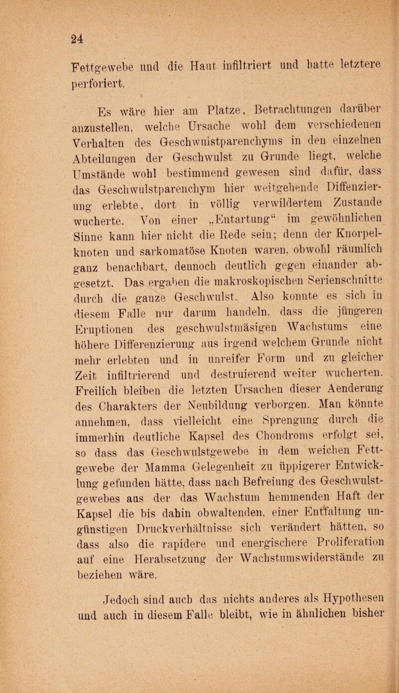 Fettgewebe und die Haut infiltriert und batte letztere perforiert. Es wäre hier am Platze, Betrachtungen darüber anzustellen, welche Ursache wohl dem verschiedenen Verhalten des Geschwulstparenchyms in den einzelnen Abteilungen der Geschwulst zu Grunde liegt, welche Umstände wohl bestimmend gewesen sind dafür, dass das Geschwulstparenchym hier weitgehende Diffenzier- ung erlebte, dort in völlig verwildertem Zustande wucherte. Von einer „Entartung“ im gewöhnlichen Sinne kann hier nicht die Rede sein; denn der Knorpel¬ knoten und sarkomatöse Knoten waren, obwohl räumlich ganz benachbart, dennoch deutlich gegen einander ab¬ gesetzt. Das ergaben die makroskopischen Serienschnitte durch die ganze Geschwulst. Also konnte es sich in diesem Falle nur darum handeln, dass die jüngeren Eruptionen des geschwulstmäsigen Wachstums eine höhere Differenzierung aus irgend welchem Grunde nicht mehr erlebten und in unreifer Form und zu gleicher Zeit infiltrierend und destillierend weiter wucherten. Freilich bleiben die letzten Ursachen dieser Aenderung des Charakters der Neubildung verborgen. Man könnte annehmen, dass vielleicht eine Sprengung durch die immerhin deutliche Kapsel des Chondroms erfolgt sei, so dass das Geschwulstgewebe in dem weichen Fett¬ gewebe der Mamma Gelegenheit zu üppigerer Entwick¬ lung gefunden hätte, dass nach Befreiung des Geschwulst¬ gewebes aus der das Wachstum hemmenden Haft der Kapsel die bis dahin obwaltenden, einer Entfaltung un¬ günstigen Druckverhältnisse sich verändert hätten, so dass also die rapidere und energischere Proliferation auf eine Herabsetzung der Wachstums widerstände zu beziehen wäre. Jedoch sind auch das nichts anderes als Hypothesen und auch in diesem Falle bleibt, wie in ähnlichen bisher