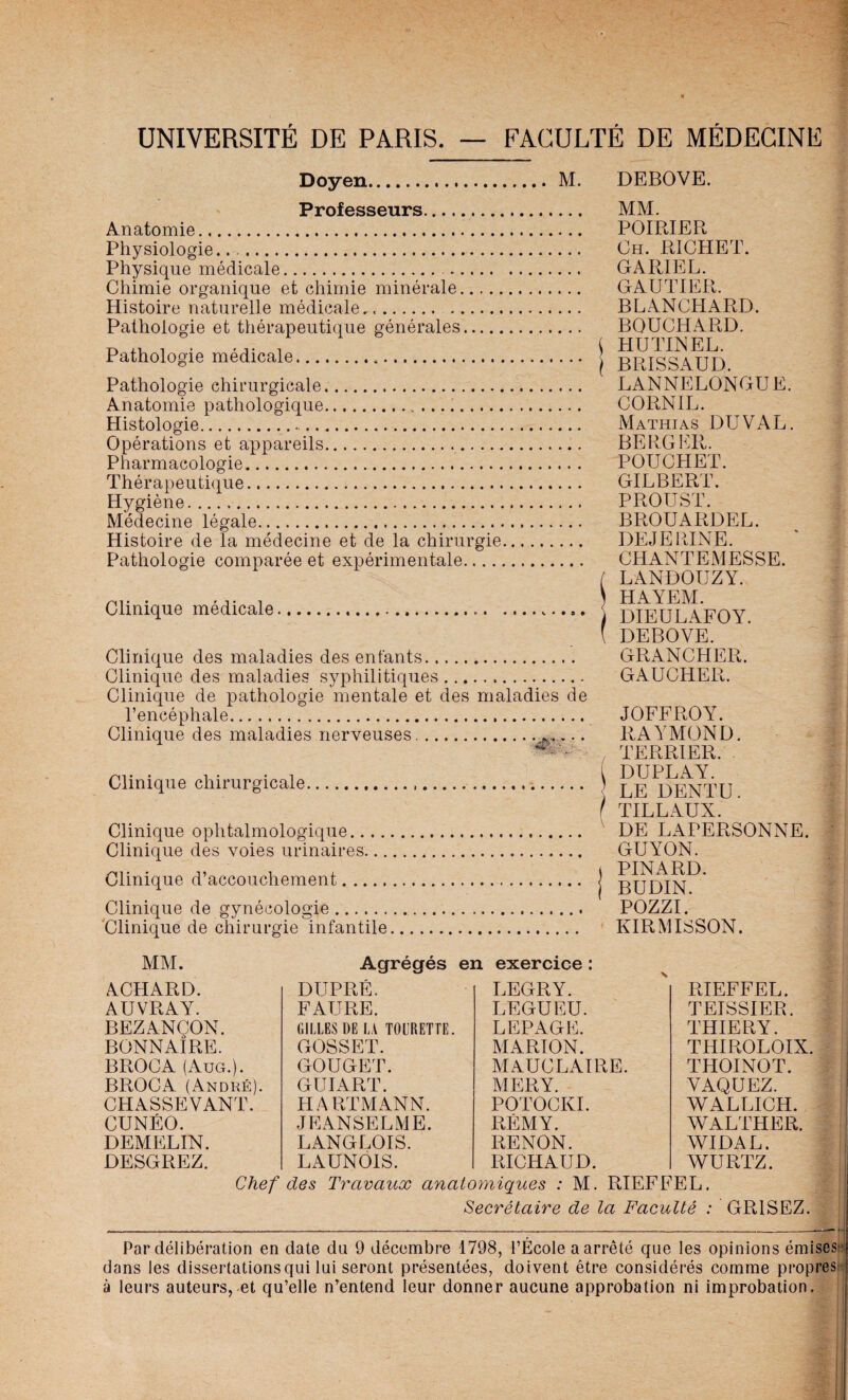 UNIVERSITÉ DE PARIS. — FACULTÉ DE MÉDECINE DEBOVE. Doyen. Professeurs. M. . MM. Anatomie. POIRIER Physiologie.. .. Ch. RICHET. Physique médicale... GARIEL. Chimie organique et chimie minérale. GAUTIER. Histoire naturelle médicale,. BLANCHARD. Pathologie et thérapeutique générales. BOUCHARD. Pathologie médicale... j BRISSAIJD. Pathologie chirurgicale. LANNELONGUE. Anatomie pathologique... CORNIL. Histologie.. Mathias DU VAL. Opérations et appareils. BERGER. Pharmacologie. POUCHET. Thérapeutique. GILBERT. Hygiène. PROUST. Médecine légale. BROUARDEL. Histoire de la médecine et de la chirurgie. DEJERINE. Pathologie comparée et expérimentale. CHANTEMESSE. ( LANDOUZY. n1. . ) HAYEM. Clinique médicale....... s p)IEUL YFOY ( DEBOVE. Clinique des maladies des entants. GRANCHER. Clinique des maladies syphilitiques. GxVUCHER. Clinique de pathologie mentale et des maladies de l’encéphale. JOFFROY. Clinique des maladies nerveuses.. RAYMOND. ^ TERRIER. Clinique chirurgicale.... ) D ENT U f TILLAUX. Clinique ophtalmologique. DE LxVPERSONNE. Clinique des voies urinaires. GUYON. Clinique d’accouchement. j Clinique de gynécologie.. POZZI. Clinique de chirurgie infantile. KIRMISSON. MM. Agrégés en exercice : ACHARD. DUPRE. LEGRY. AUVRAY. FAURE. LEGUEU. BEZANCON. GILLES DE LA TOURETTE. LEPAGE. BONNAÎRE. GOSSET. MARION. BROCA (Aug.). GOUGET. MAUCLAIRE. BROC A (André). CHASSEVANT. GUIART. MERY. HARTMANN. POTOCKI. CUNÉO. JEANSELME. RÉMY. DEMELIN. LANGLOIS. RENON. DESGREZ. LAUNOIS. RICHAUD. RIEFFEL. TEISSIER. THIERY. THIROLOIX. THOINOT. VAQUEZ. WALLICH. WALTHER. VVIDAL. WURTZ. Chef des Travaux anatomiques : M. RIEFFEL. Secrétaire de la Faculté : GRISEZ. Par délibération en date du 9 décembre 1798, l’École a arrêté que les opinions émises- dans les dissertations qui lui seront présentées, doivent être considérés comme propres à leurs auteurs, et qu’elle n’entend leur donner aucune approbation ni improbation.