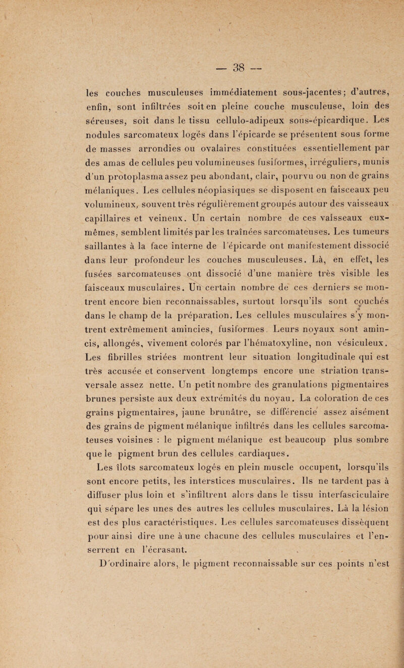 les couches musculeuses immédiatement sous-jacentes; d’autres, enfin, sont infiltrées soit en pleine couche musculeuse, loin des séreuses, soit dans le tissu cellulo-adipeux sous-cpicardique. Les nodules sarcomateux logés dans l’épicarde se présentent sous forme de masses arrondies ou ovalaires constituées essentiellement par des amas de cellules peu volumineuses fusiformes, irréguliers, munis d’un protoplasma assez peu abondant, clair, pourvu ou non de grains mélaniques. Les cellules néoplasiques se disposent en faisceaux peu volumineux, souvent très régulièrement groupés autour des vaisseaux capillaires et veineux. Un certain nombre de ces vaisseaux eux- mêmes, semblent limités par les traînées sarcomateuses. Les tumeurs saillantes à la face interne de 1 epicarde ont manifestement dissocié dans leur profondeur les couches musculeuses. Là, en effet, les fusées sarcomateuses ont dissocié cl’une manière très visible les faisceaux musculaires. Un certain nombre de ces derniers se mon¬ trent encore bien reconnaissables, surtout lorsqu’ils sont couchés , . -é dans le champ de la préparation. Les cellules musculaires s’y mon¬ trent extrêmement amincies, fusiformes. Leurs noyaux sont amin¬ cis, allongés, vivement colorés par l’hématoxyline, non vésiculeux. Les fibrilles striées montrent leur situation longitudinale qui est très accusée et conservent longtemps encore une striation trans¬ versale assez nette. Un petit nombre des granulations pigmentaires brunes persiste aux deux extrémités du noyau. La coloration de ces grains pigmentaires, jaune brunâtre, se différencie assez aisément des grains de pigment mélanique infiltrés dans les cellules sarcoma¬ teuses voisines : le pigment mélanique est beaucoup plus sombre que le pigment brun des cellules cardiaques. Les îlots sarcomateux logés en plein muscle occupent, lorsqu’ils sont encore petits, les interstices musculaires. Ils ne tardent pas à diffuser plus loin et s’infiltrent alors dans le tissu înterfasciculaire qui. sépare les unes des autres les cellules musculaires. Là la lésion est des plus caractéristiques. Les cellules sarcomateuses dissèquent pour ainsi dire une à une chacune des cellules musculaires et l’en¬ serrent en l’écrasant. D'ordinaire alors, le pigment reconnaissable sur ces points n’est