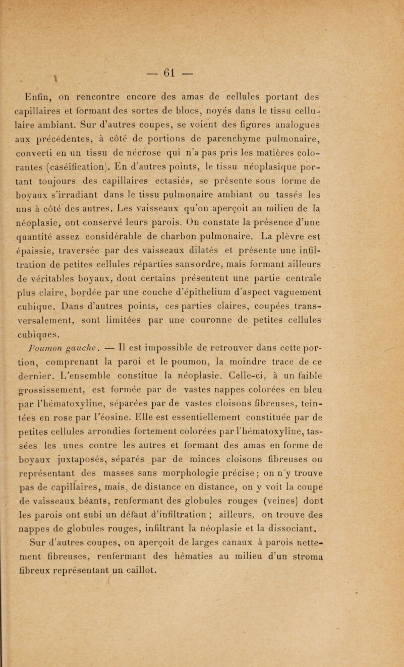 Enfin, on rencontre encore des amas de cellules portant des capillaires et formant des sortes de blocs, noyés dans le tissu cellu-^ laire ambiant. Sur d’autres coupes, se voient des figures analogues aux précédentes, à côté de portions de parenchyme pulmonaire, converti en un tissu de nécrose qui n’a pas pris les matières colo¬ rantes (caséification). En d’autres points, le tissu néoplasique por¬ tant toujours des capillaires ectasiés, se présente sous forme de boyaux s’irradiant dans le tissu pulmonaire ambiant ou tassés les uns à côté des autres. Les vaisseaux qu’on aperçoit au milieu de la néoplasie, ont conservé leurs parois. On constate la présence d’une quantité assez considérable de charbon pulmonaire. La plèvre est épaissie, traversée par des vaisseaux dilatés et présente une infil¬ tration de petites cellules réparties sans ordre, mais formant ailleurs de véritables boyaux, dont certains présentent une partie centrale plus claire, bordée par une couche d’épithelium d’aspect vaguement cubique. Dans d’autres points, ces parties claires, coupées trans¬ versalement, sont limitées par une couronne de petites cellules cubiques. Poumon gauche. — Il est impossible de retrouver dans cette por¬ tion, comprenant la paroi et le poumon, la moindre trace de ce dernier. L’ensemble constitue la néoplasie. Celle-ci, à un faible grossissement, est formée par de vastes nappes colorées en bleu par l’hématoxyline, séparées par de vastes cloisons fibreuses, tein¬ tées en rose par l’éosine. Elle est essentiellement constituée par de petites cellules arrondies fortement colorées par l’hématoxyline, tas¬ sées les unes contre les autres et formant des amas en forme de boyaux juxtaposés, séparés par de minces cloisons fibreuses ou représentant des masses sans morphologie précise ; on n y trouve pas de capillaires, mais, de distance en distance, on y voit la coupe de vaisseaux béants, renfermant des globules rouges (veines) dont les parois ont subi un défaut d’infiltration ; ailleurs, on trouve des nappes de globules rouges, infiltrant la néoplasie et la dissociant. Sur d’autres coupes, on aperçoit de larges canaux à parois nette¬ ment fibreuses, renfermant des hématies au milieu d’un stroma fibreux représentant un caillot.