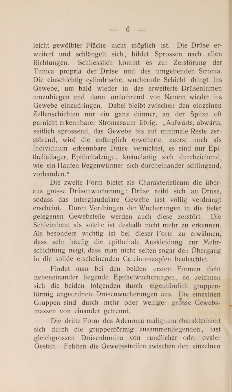 leicht gewölbter Fläche nicht möglich ist. Die Drüse er¬ weitert und schlängelt sich, bildet Sprossen nach allen Richtungen. Schliesslich kommt es zur Zerstörung der Tunica propria der Drüse und des umgebenden Stroma. Die einschichtig cylindrische, wuchernde Schicht dringt ins Gewebe, um bald wieder in das erweiterte Drüsenlumen umzubiegen und dann umkehrend von Neuem wieder ins Gewebe einzudringen. Dabei bleibt zwischen den einzelnen Zellenschichten nur ein ganz dünner, an der Spitze oft garnicht erkennbarer Stromasaum übrig. „Aufwärts, abwärts, seitlich sprossend, das Gewebe bis auf minimale Reste zer¬ störend, wird die anfänglich erweiterte, zuerst noch als Individuum erkennbare Drüse vernichtet, es sind nur Epi¬ theliallager, Epithelialzüge, knäuelartig sich durchziehend^ wie ein Haufen Regenwürmer sich durcheinander schlingend, vorhanden.“ Die zweite Form bietet als Charakteristicum die über¬ aus grosse Drüsenwucherung: Drüse reiht sich an Drüse, sodass das interglaudulare Gewebe fast völlig verdrängt erscheint. Durch Vordringen der Wucherungen in die tiefer gelegenen Gewebsteile werden auch diese zerstört. Die Schleimhaut als solche ist deshalb nicht mehr zu erkennen. Als besonders wichtig ist bei dieser Form zu erwähnen, dass sehr häufig die epitheliale Auskleidung zur Mehr¬ schichtung neigt, dass man nicht selten sogar den Übergang in die solide erscheinenden Carcinomzapfen beobachtet. Findet man bei den beiden ersten Formen dicht nebeneinander liegende Epithelwucherungen, so zeichnen sich die beiden folgenden durch eigentümlich gruppen¬ förmig angeordnete Drüsenwucherungen aus. Die einzelnen Gruppen sind durch mehr oder weniger grosse Gewebs- massen von einander getrennt. Die dritte Form des Adenoma malignum charakterisiert sich durch die gruppenförmig zusammenliegenden, fast gleichgrossen Drüsenlumina von rundlicher oder ovaler Gestalt. Fehlten die Gewebsstreifen zwischen den einzelnen