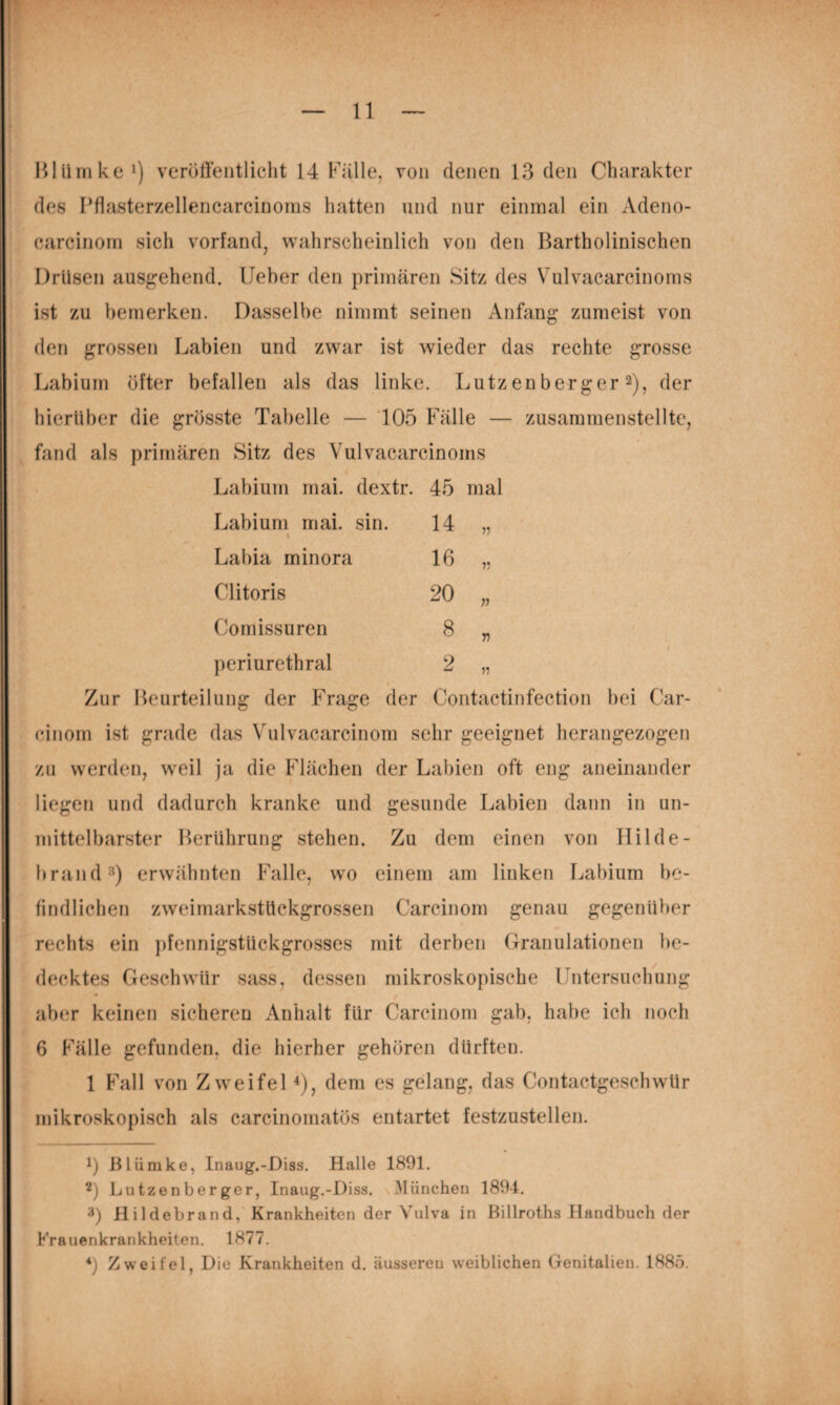 BlUnike^) verüffentliclit 14 Fälle, von denen 13 den Charakter des Pflasterzellencarcinoms hatten und nur einmal ein Adeno- carcinom sich vorfand, wahrscheinlich von den Bartholinischen Drüsen ausgehend, lieber den primären Sitz des Vulvacarcinoms ist zu bemerken. Dasselbe nimmt seinen Anfang zumeist von den grossen Labien und zwar ist wieder das rechte grosse Labium öfter befallen als das linke. Lutzenberger 2), der hierüber die grösste Tabelle — 105 Fälle — zusammenstellte, fand als primären Sitz des Vulvacarcinoms Labium rnai. dextr. 45 mal Labium mai. sin. 1 14 r Labia minora 16 y. Clitoris 20 V Coniissuren 8 V periurethral 2 y Zur Beurteilung der Frage der Contactinfection bei Car- cinom ist grade das Vulvacarcinom sehr geeignet herangezogen zu werden, weil ja die Flächen der Labien oft eng aneinander liegen und dadurch kranke und gesunde Labien dann in un¬ mittelbarster Berührung stehen. Zu dem einen von Ililde- brand^) erwähnten Falle, wo einem am linken Labium be¬ findlichen zweimarkstückgrossen Carcinom genau gegenüber rechts ein pfennigstückgrosses mit derben Granulationen be¬ decktes Geschwür sass, dessen mikroskopische Untersuchung aber keinen sicheren Anhalt für Carcinom gab, habe ich noch 6 Päille gefunden, die hierher gehören dürften. 1 Fall von Zweifel 0, dem es gelang, das Contactgeschwür mikroskopisch als carcinomatös entartet festzustellen. 1) Blümke, Inaug.-Diss. Halle 1891. 2) Lutzenberger, Inaug.-Diss. .München 1894. 3) Hildebrand, Krankheiten der Vulva in Billroths Handbuch der Frauenkrankheiten. 1877. *) Zweifel, Die Krankheiten d. äussereu weiblichen Genitalien. 1885.