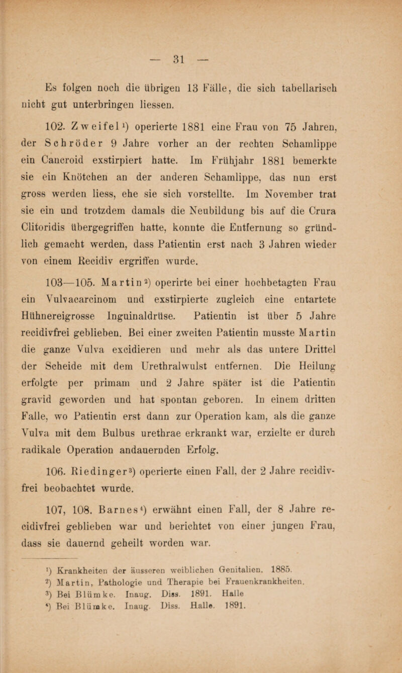 Es folgen noch die übrigen 13 Fälle, die sich tabellarisch nicht gut unterbringen Hessen. 102. Zw eifeil) operierte 1881 eine Frau von 75 Jahren, der Schröder 9 Jahre vorher an der rechten Schamlippe ein Cancroid exstirpiert hatte. Im Frühjahr 1881 bemerkte sie ein Knötchen an der anderen Schamlippe, das nun erst gross werden Hess, ehe sie sich vorstellte. Im November trat sie ein und trotzdem damals die Neubildung bis auf die Crura Clitoridis übergegrifien hatte, konnte die Entfernung so gründ¬ lich gemacht werden, dass Patientin erst nach 3 Jahren wieder von einem Kecidiv ergriffen wurde. 103—105. Martin 2) operirte bei einer hochbetagten Frau ein Vulvacarcinom und exstirpierte zugleich eine entartete Hühnereigrosse Inguinaldrüse. Patientin ist über 5 Jahre recidivfrei geblieben. Bei einer zweiten Patientin musste Martin die ganze Vulva excidieren und mehr als das untere Drittel der Scheide mit dem Urethralwulst entfernen. Die Heilung erfolgte per primam und 2 Jahre später ist die Patientin gravid geworden und hat spontan geboren, ln einem dritten Falle, wo Patientin erst dann zur Operation kam, als die ganze Vulva mit dem Bulbus urethrae erkrankt war, erzielte er durch radikale Operation andauernden Erfolg. 106. Riedinger^) operierte einen Fall, der 2 Jahre recidiv¬ frei beobachtet wurde. 107, 108. Barn es'‘) erwähnt einen Fall, der 8 Jahre re¬ cidivfrei geblieben war und berichtet von einer jungen Frau, dass sie dauernd geheilt worden war. ') Krankheiten der äusseren weiblichen Genitalien. 1885. 2) Martin, Pathologie und Therapie bei Frauenkrankheiten. 3) Bei Blümke. Inaug. Diss. 1891. Halle Bei Blümke. Inaug. Diss. Halle. 1891.