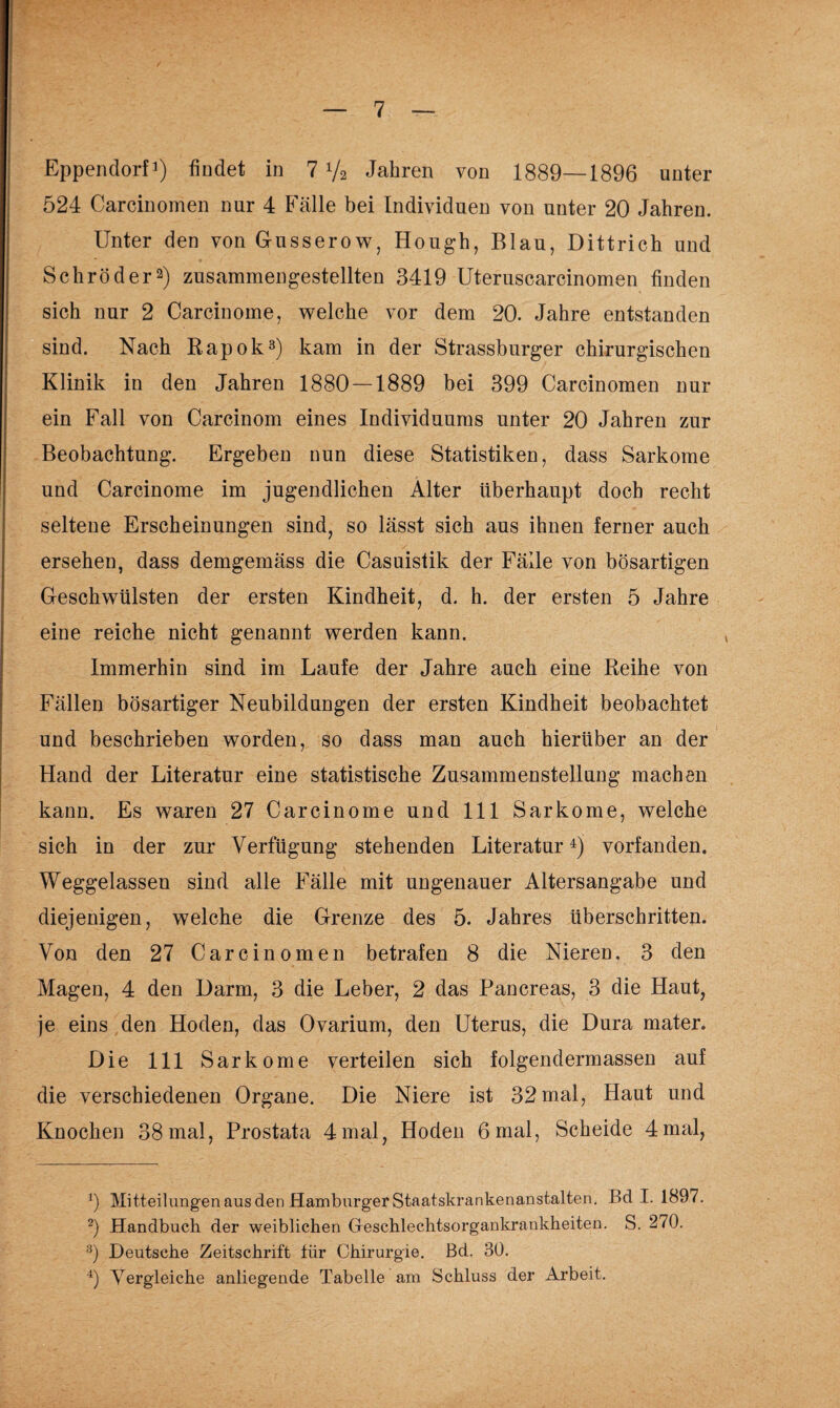Eppendorf1) findet in 7 V2 Jahren von 1889—1896 unter 524 Carcinomen nur 4 Fälle bei Individuen von unter 20 Jahren. Unter den von Gusserow, Hough, Blau, Dittrich und Schröder2) zusammengestellten 3419 Uteruscarcinomen finden sich nur 2 Carcinome, welche vor dem 20. Jahre entstanden sind. Nach Rapok3) kam in der Strassburger chirurgischen Klinik in den Jahren 1880 — 1889 bei 399 Carcinomen nur ein Fall von Carcinom eines Individuums unter 20 Jahren zur Beobachtung. Ergeben nun diese Statistiken, dass Sarkome und Carcinome im jugendlichen Alter überhaupt doch recht seltene Erscheinungen sind, so lässt sich aus ihnen ferner auch ersehen, dass demgemäss die Casuistik der Fälle von bösartigen Geschwülsten der ersten Kindheit, d. h. der ersten 5 Jahre eine reiche nicht genannt werden kann. Immerhin sind im Laufe der Jahre auch eine Reihe von Fällen bösartiger Neubildungen der ersten Kindheit beobachtet und beschrieben worden, so dass man auch hierüber an der Hand der Literatur eine statistische Zusammenstellung machen kann. Es waren 27 Carcinome und 111 Sarkome, welche sich in der zur Verfügung stehenden Literatur4) vorfanden. Weggelassen sind alle Fälle mit ungenauer Altersangabe und diejenigen, welche die Grenze des 5. Jahres überschritten. Von den 27 Carcinomen betrafen 8 die Nieren, 3 den Magen, 4 den Darm, 3 die Leber, 2 das Pancreas, 3 die Haut, je eins den Hoden, das Ovarium, den Uterus, die Dura mater. Die 111 Sarkome verteilen sich folgendermassen auf die verschiedenen Organe. Die Niere ist 32 mal, Haut und Knochen 38 mal, Prostata 4 mal, Hoden 6 mal, Scheide 4 mal, 0 Mitteilungen aus den Hamburger Staatskrankenanstalten. Bd I. 1897. 2) Handbuch der weiblichen Geschlechtsorgankrankheiten. S. 270. 3) Deutsche Zeitschrift für Chirurgie. Bd. 30. 4) Vergleiche anliegende Tabelle am Schluss der Arbeit.