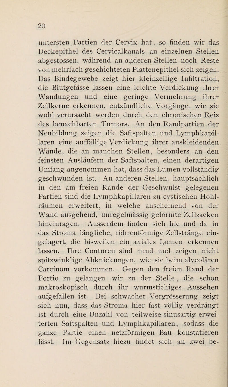 untersten Partien der Cervix hat, so finden wir das Deckepithel des Cervicalkanals an einzelnen Stellen abgestossen, während an anderen Stellen noch Reste von mehrfach geschichteten Plattenepithel sieh zeigen. Das Bindegewebe zeigt hier kleinzellige Infiltration, die Blutgefässe lassen eine leichte Verdickung ihrer Wandungen und eine geringe Vermehrung ihrer Zellkerne erkennen, entzündliche Vorgänge, wie sie wohl verursacht werden durch den chronischen Reiz des benachbarten Tumors. An den Randpartien der Neubildung zeigen die Saftspalten und Uymphkapil- laren eine auffällige Verdickung ihrer auskleidenden Wände, die an manchen Stellen, besonders an den feinsten Ausläufern der Saftspalten, einen derartigen Umfang angenommen hat, dass das fiurnen vollständig geschwunden ist. An anderen Stellen, hauptsächlich in den am freien Rande der Geschwulst gelegenen Partien sind die Uyinphkapillaren zu cystischen Hohl¬ räumen erweitert, in welche anscheinend von der Wand ausgehend, unregelmässig geformte Zellzacken hineinragen. Ausserdem finden sich hie und da in das Stroma längliche, röhrenförmige Zellstränge ein¬ gelagert, die bisweilen ein axiales Humen erkennen lassen. Ihre Conturen sind rund und zeigen nicht spitzwinklige Abknicknngen, wie sie beim alveolären Carcinom Vorkommen. Gegen den freien Rand der Portio zu gelangen wir zu der Stelle, die schon makroskopisch durch ihr wurmstichiges Aussehen aufgefallen ist. Bei schwacher Vergrösserung zeigt sich nun, dass das Stroma hier fast völlig verdrängt ist durch eine Unzahl von teilweise sinusartig erwei¬ terten Saftspalten und Uyinphkapillaren, sodass die ganze Partie einen netzförmigen Bau konstatieren lässt, Im Gegensatz hiezu findet sich an zwei be~