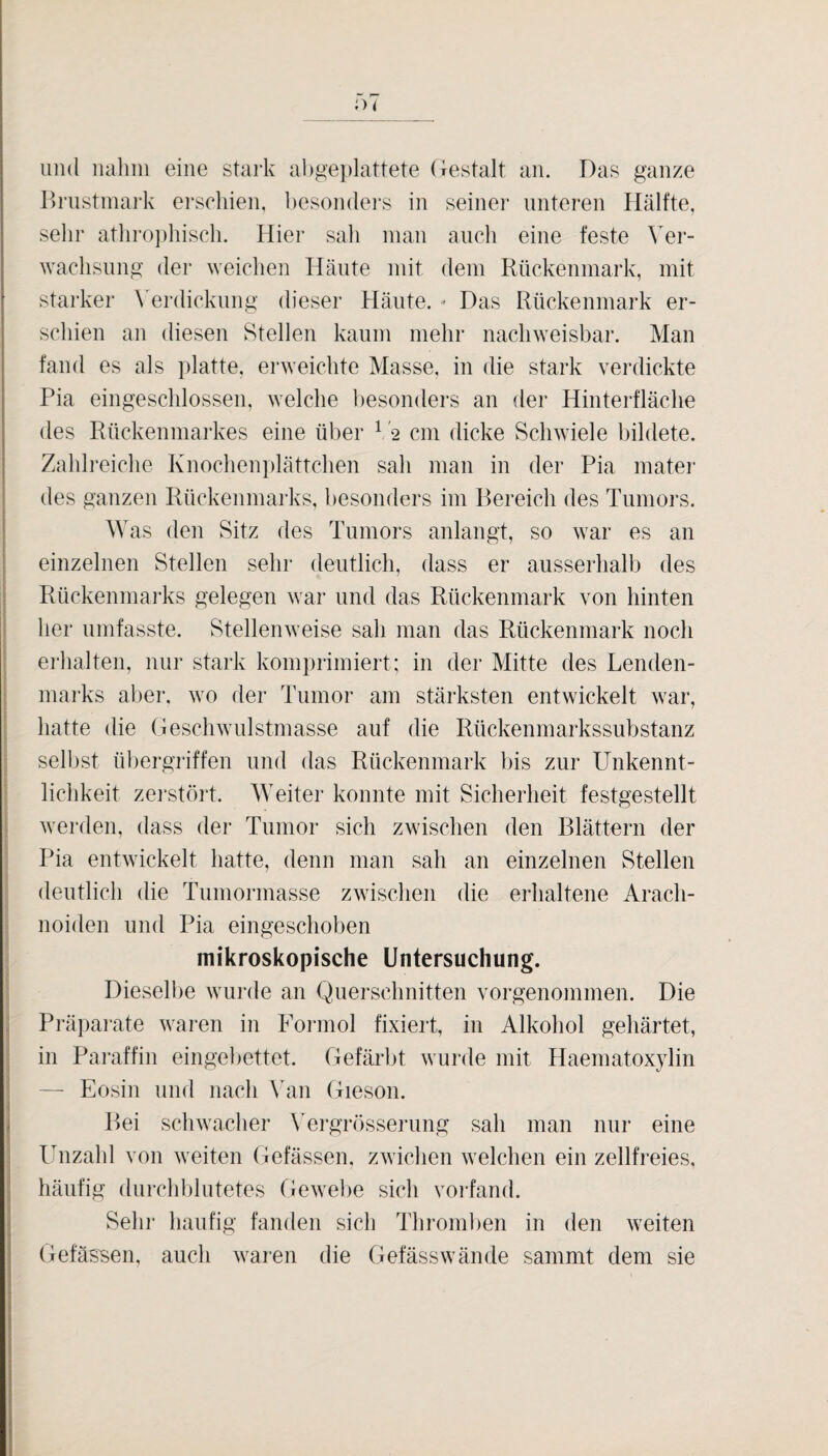 und iiahiii eine stark abgeplattete (restalt an. Das ganze Itnistinai’k erschien, l)eson(lers in seiner unteren Hälfte, sehr athro])hisch. Hier sah man auch eine feste Ver¬ wachsung der weichen Häute mit dem Rückenmark, mit starker \erdickung dieser Häute. - Das Rückenmark er¬ schien an diesen Stellen kaum mehr nachweisbar. Man fand es als platte, erweichte Masse, in die stark verdickte Pia eingeschlossen, welche l)esonders an der Hinterfläche des Rückenmarkes eine über V2 cm dicke Schwiele bildete. Zahlreiche Knochenplättchen sah man in der Pia mater des ganzen Rückenmarks, besonders im Bereich des Tumors. Was den Sitz des Tumors anlangt, so war es an einzelnen Stellen sehr deutlich, dass er ausserhalb des Rückenmarks gelegen war und das Rückenmark von hinten her umfasste. Stellenweise sah man das Rückenmark noch i erhalten, nur stark komprimiert; in der Mitte des Lenden- 1 marks aljer, wo der Tumor am stärksten entwickelt war, I hatte die Gesclnvulstmasse auf die Rückenmarkssubstanz I selbst Übergriffen und das Rückenmark bis zur Unkennt- 1 lichkeit zei'stört. Weiter konnte mit Sicherheit festgestellt ' werden, dass der Tumor sich zwischen den Blättern der Pia entwickelt hatte, denn man sah an einzelnen Stellen deutlich die Tumormasse zwischen die ei-haltene Arach- noiden und Pia eingeschoben mikroskopische Untersuchung. Dieselbe wurde an Querschnitten vorgenommen. Die : Präparate waren in Foiunol fixiert, in Alkohol gehärtet, I in Paraffin eingebettet. Gefäi’bt wurde mit Haematoxylin ! — Eosin und nach \'an Gieson. j Bei schwacher \'ergrösserung sah man nur eine I luizahl von weiten Gefässen, zwichen welchen ein zellfreies, I häufig durchblutetes Geweihe sich vorfand. Sehr häufig fanden sich Throml)en in den Aveiten (jefässen, auch waren die Gefässwände sammt dem sie