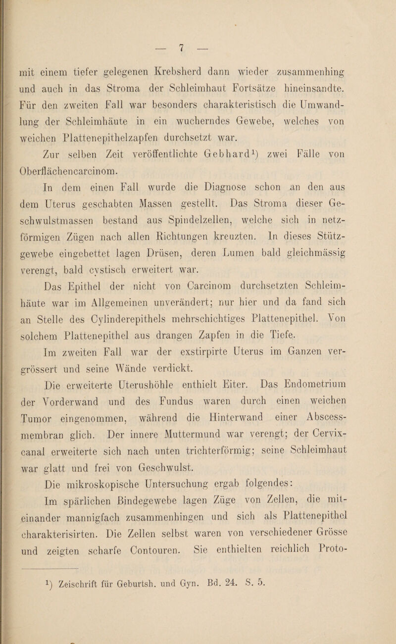 mit einem tiefer gelegenen Krebsherd dann wieder zusammenhing und auch in das Stroma der Schleimhaut Fortsätze hineinsandte. Für den zweiten Fall war besonders charakteristisch die Umwand¬ lung der Schleimhäute in ein wucherndes Gewebe, welches von weichen Plattenepithelzapfen durchsetzt war. Zur selben Zeit veröffentlichte Gebhard1) zwei Fälle von 0 b erfl äch en car ein om. In dem einen Fall wurde die Diagnose schon an den aus dem Uterus geschabten Massen gestellt. Das Stroma dieser Ge¬ schwulstmassen bestand aus Spindelzellen, welche sich in netz¬ förmigen Zügen nach allen Richtungen kreuzten. In dieses Stütz¬ gewebe eingebettet lagen Drüsen, deren Lumen bald gleichmässig verengt, bald cvstisch erweitert war. Das Epithel der nicht von Carcinom durchsetzten Schleim¬ häute war im Allgemeinen unverändert; nur hier und da fand sich an Stelle des Oylinderepithels mehrschichtiges Plattepepithel. Von solchem Plattenepithel aus drangen Zapfen in die Tiefe.. Im zweiten Fall war der exstirpirte Uterus im Ganzen ver- grössert und seine Wände verdickt. Die erweiterte Uterushöhle enthielt Eiter. Das Endometrium der Vorderwand und des Fundus waren durch einen weichen Tumor eingenommen, während die Hinterwand einer Abscess- membran glich. Der innere Muttermund war verengt; der Cervix¬ canal erweiterte sich nach unten trichterförmig; seine Schleimhaut war glatt und frei von Geschwulst. Die mikroskopische Untersuchung ergab folgendes: Im spärlichen Bindegewebe lagen Züge von Zellen, die mit¬ einander mannigfach zusammenhingen und sich als Plattenepithel charakterisirten. Die Zellen selbst waren von verschiedener Grösse und zeigten scharfe Contouren. Sie enthielten reichlich Proto- x) Zeischrift für Geburtsh. und Gyn. Bd. 24. S. 5.