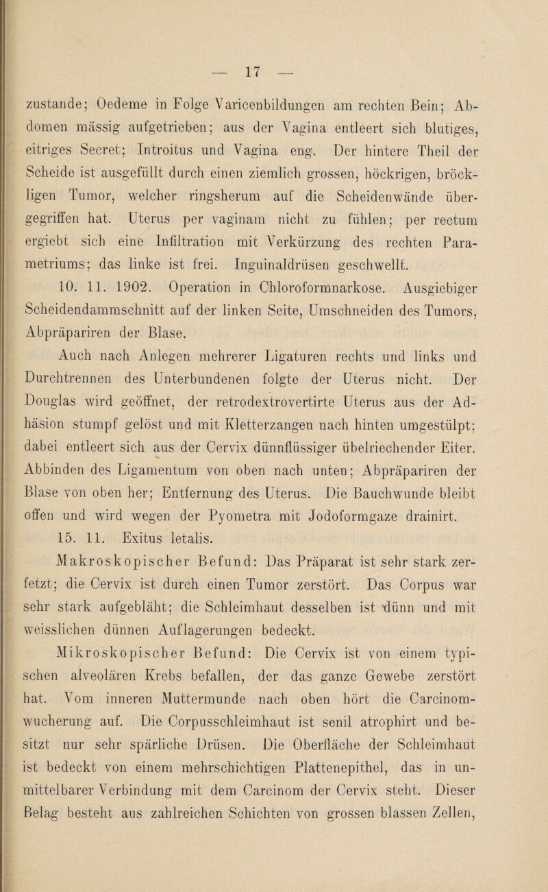 zustande; Oedeme in Folge Varicenbildungen am rechten Bein; Ab¬ domen massig aufgetrieben; aus der Vagina entleert sich blutiges, eitriges Secret; Introitus und Vagina eng. Der hintere Theil der Scheide ist ausgefüllt durch einen ziemlich grossen, höckrigen, bröck¬ ligen Tumor, welcher ringsherum auf die Scheidenwände über¬ gegriffen hat. Uterus per vagin am nicht zu fühlen; per rectum ergiebt sich eine Infiltration mit Verkürzung des rechten Para- metriums; das linke ist frei. Inguinaldrüsen geschwellt. 10. 11. 1902. Operation in Chloroformnarkose. Ausgiebiger Scheidendammschnitt auf der linken Seite, Umschneiden des Tumors, Abpräpariren der Blase. Auch nach Anlegen mehrerer Ligaturen rechts und links und Durchtrennen des Unterbundenen folgte der Uterus nicht. Der Douglas wird geöffnet, der retrodextrovertirte Uterus aus der Ad¬ häsion stumpf gelöst und mit Kletterzangen nach hinten umgestülpt; dabei entleert sich aus der Cervix dünnflüssiger übelriechender Eiter. Abbinden des Ligamentum von oben nach unten; Abpräpariren der Blase von oben her; Entfernung des Uterus. Die Bauchwunde bleibt offen und wird wegen der Pyometra mit Jodoformgaze drainirt. 15. 11. Exitus letalis. Makroskopischer Befund: Das Präparat ist sehr stark zer¬ fetzt; die Cervix ist durch einen Tumor zerstört. Das Corpus war sehr stark aufgebläht; die Schleimhaut desselben ist 'dünn und mit weisslichen dünnen Auflagerungen bedeckt. Mikroskopischer Befund: Die Cervix ist von einem typi¬ schen alveolären Krebs befallen, der das ganze Gewebe zerstört hat. Vom inneren Muttermunde nach oben hört die Carcinom- wucherung auf. Die Corpusschleimhaut ist senil atrophirt und be¬ sitzt nur sehr spärliche Drüsen. Die Oberfläche der Schleimhaut ist bedeckt von einem mehrschichtigen Plattenepithel, das in un¬ mittelbarer Verbindung mit dem Carcinom der Cervix steht. Dieser Belag besteht aus zahlreichen Schichten von grossen blassen Zellen,