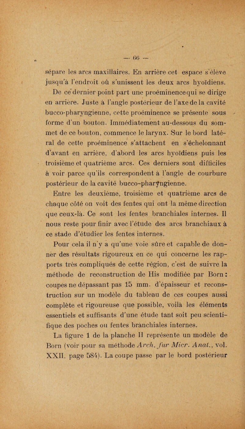 sépare les arcs maxillaires. En arrière cet espace s’élève jusqu'à l’endroit où s’unissent les deux arcs hyoïdiens. De ce dernier point part une proéminence qui se dirige en arrière. Juste à l'angle postérieur de l'axe de la cavité bucco-pharyngienne, cette proéminence se présente sous forme d’un bouton. Immédiatement au-dessous du som¬ met de ce bouton, commence le larynx. Sur le bord laté- 7 B ral de cette proéminence s'attachent en s’échelonnant d’avant en arrière, d’abord les arcs hyoïdiens puis les troisième et quatrième arcs. Ces derniers sont difficiles à voir parce qu’ils correspondent à l’angle de courbure postérieur de la cavité bucco-pharÿngienne. Entre les deuxième, troisième et quatrième arcs de chaque côté on voit des fentes qui ont la même direction que ceux-là. Ce sont les fentes branchiales internes. Il nous reste pour finir avec l'étude des arcs branchiaux à ce stade d'étudier les fentes internes. Pour cela il n’y a qu'une voie sûre et capable de don¬ ner des résultats rigoureux en ce qui concerne les rap¬ ports très compliqués de cette région, c'est de suivre la méthode de reconstruction de His modifiée par Born : coupes ne dépassant pas 15 mm. d’épaisseur et recons¬ truction sur un modèle du tableau de ces coupes aussi complète et rigoureuse que possible, voilà les éléments essentiels et suffisants d'une étude tant soit peu scienti¬ fique des poches ou fentes brànchiales internes. La figure 1 de la planche II représente un modèle de Born (voir pour sa méthode Arch. fur' Micr. Anat., vol. XXII, page 584). La coupe passe par le bord postérieur