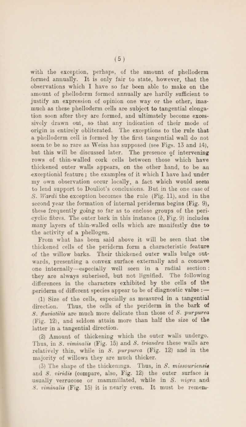 with the exception, perhaps, of the amount of phelloderm formed annually. It is only fair to state, however, that the observations which I have so far been able to make on the amount of phelloderm formed annually are hardly sufficient to justify an expression of opinion one way or the other, inas¬ much as these phelloderm cells are subject to tangential elonga¬ tion soon after they are formed, and ultimately become exces¬ sively drawn out, so that any indication of their mode of origin is entirely obliterated. The exceptions to the rule that a phelloderm cell is formed by the first tangential wall do not seem to be so rare as Weiss has supposed (see Figs. 13 and 14), but this will be discussed later. The presence of intervening rows of thin-walled cork cells between those which have thickened outer walls appears, on the other hand, to be an exceptional feature; the examples of it which I have had under my own observation occur locally, a fact which would seem to lend support to Douliot’s conclusions. But in the one case of S. Wardi the exception becomes the rule (Fig. 11), and in the second year the formation of internal periderms begins (Fig. 9), these frequently going so far as to enclose groups of the peri- cyclic fibres. The outer bark in this instance (h, Fig. 9) includes many layers of thin-walled cells which are manifestly due to the activity of a phellogen. From what has been said above it will be seen that the thickened cells of the periderm form a characteristic feature of the willow barks. Their thickened outer walls bulge out¬ wards, presenting a convex surface externally and a concave one internally—especially well seen in a radial section : they are always suberised, but not lignified. The following differences in the characters exhibited by the cells of the periderm of different species appear to be of diagnostic value : — (1) Size of the cells, especially as measured in a tangential direction. Thus, the cells of the periderm in the bark of S. fluviatilis are much more delicate than those of S. purpurea (Fig. 12), and seldom attain more than half the size of the latter in a tangential direction. (2) Amount of thickening which the outer walls undergo. Thus, in S. viminalis (Fig. 15) and S. triandra these walls are relatively thin, while in S. purpurea (Fig. 12) and in the majority of willows they are much thicker. (3) The shape of the thickenings. Thus, in S. missouriensis and S. viridis (compare, also, Fig. 12) the outer surface is usually verrucose or mammillated, while in S. nigra and S. viminalis (Fig. 15) it is nearly even. It must be remem-