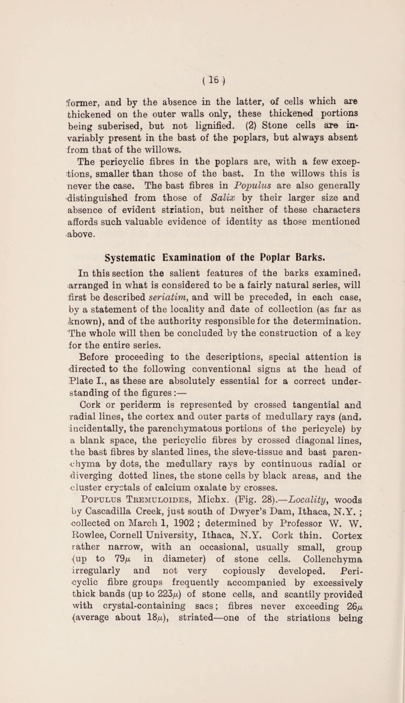 'former, and by the absence in the latter, of cells which are thickened on the outer walls only, these thickened portions being suberised, but not lignified. (2) Stone cells axe in¬ variably present in the bast of the poplars, but always absent from that of the willows. The pericyclic fibres in the poplars are, with a few excep¬ tions, smaller than those of the bast. In the willows this is never the case. The bast fibres in Populus are also generally distinguished from those of Salix by their larger size and absence of evident striation, but neither of these characters affords such valuable evidence of identity as those mentioned above. Systematic Examination of the Poplar Barks. In this section the salient features of the barks examined, arranged in what is considered to be a fairly natural series, will first be described seriatim, and will be preceded, in each case, by a statement of the locality and date of collection (as far as known), and of the authority responsible for the determination. The whole will then be concluded by the construction of a key for the entire series. Before proceeding to the descriptions, special attention is directed to the following conventional signs at the head of Plate I., as these are absolutely essential for a correct under¬ standing of the figures:— Cork or periderm is represented by crossed tangential and radial lines, the cortex and outer parts of medullary rays (and, incidentally, the parenchymatous portions of the pericycle) by a blank space, the pericyclic fibres by crossed diagonal lines, the bast fibres by slanted lines, the sieve-tissue and bast paren¬ chyma by dots, the medullary rays by continuous radial or diverging dotted lines, the stone cells by black areas, and the cluster crystals of calcium oxalate by crosses. Populus Tremuloides, Michx. (Fig. 28).—Locality, woods by Cascadilla Creek, just south of Dwyer’s Dam, Ithaca, N.Y. ; collected on March 1, 1902 ; determined by Professor W. W. Rowlee, Cornell University, Ithaca, N.Y. Cork thin. Cortex rather narrow, with an occasional, usually small, group ■(up to 79^ in diameter) of stone cells. Collenchyma irregularly and not very copiously developed. Peri¬ cyclic fibre groups frequently accompanied by excessively thick bands (up to 223^) of stone cells, and scantily provided with crystal-containing sacs; fibres never exceeding 26/x (average about 18^), striated—one of the striations being