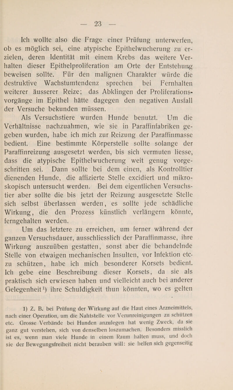 Ich wollte also die Frage einer Prüfung unterwerfen, ob es möglich sei, eine atypische Epithelwucherung zu er¬ zielen, deren Identität mit einem Krebs das weitere Ver¬ halten dieser Epithelproliferation am Orte der Entstehung beweisen sollte. Für den malignen Charakter würde die destruktive Wachstumtendenz sprechen bei Fernhalten weiterer äusserer Reize; das Abklingen der Proliferations¬ vorgänge im Epithel hätte dagegen den negativen Ausfall der Versuche bekunden müssen. Als Versuchstiere wurden Hunde benutzt. Um die Verhältnisse nachzuahmen, wie sie in Paraffinfabriken ge¬ geben wurden, habe ich mich zur Reizung der Paraffinmasse bedient. Eine bestimmte Körperstelle sollte solange der Paraffinreizung ausgesetzt werden, bis sich vermuten Hesse, dass die atypische Epithelwucherung weit genug vorge¬ schritten sei. Dann sollte bei dem einen, als Kontrolltier dienenden Hunde, die affizierte Stelle excidiert und mikro¬ skopisch untersucht werden. Bei dem eigentlichen Versuchs¬ tier aber sollte die bis jetzt der Reizung ausgesetzte Stelle sich selbst überlassen werden, es sollte jede schädliche Wirkung, die den Prozess künstlich verlängern könnte, ferngehalten werden. Um das letztere zu erreichen, um ferner während der ganzen Versuchsdauer, ausschliesslich der Paraffinmasse, ihre Wirkung auszuüben gestatten, sonst aber die behandelnde Stelle von etwaigen mechanischen Insulten, vor Infektion etc- zu schützen, habe ich mich besonderer Korsets bedient. Ich gebe eine Beschreibung dieser Korsets, da sie als praktisch sich erwiesen haben und vielleicht auch bei anderer Gelegenheit1) ihre Schuldigkeit thun könnten, wo es gelten 1) Z. B. bei Prüfung der Wirkung auf die Haut eines Arzneimittels, nach einer Operation, um die Nahtstelle vor Verunreinigungen zu schützen etc. Grosse Verbände bei Hunden anzulegen hat wenig Zweck, da sie ganz gut verstehen, sich von denselben loszumachen. Besonders misslich ist es, wenn man viele Hunde in einem Raum halten muss, und doch sie der Bewegungsfreiheit nicht berauben will: sie helfen sich gegenseitig