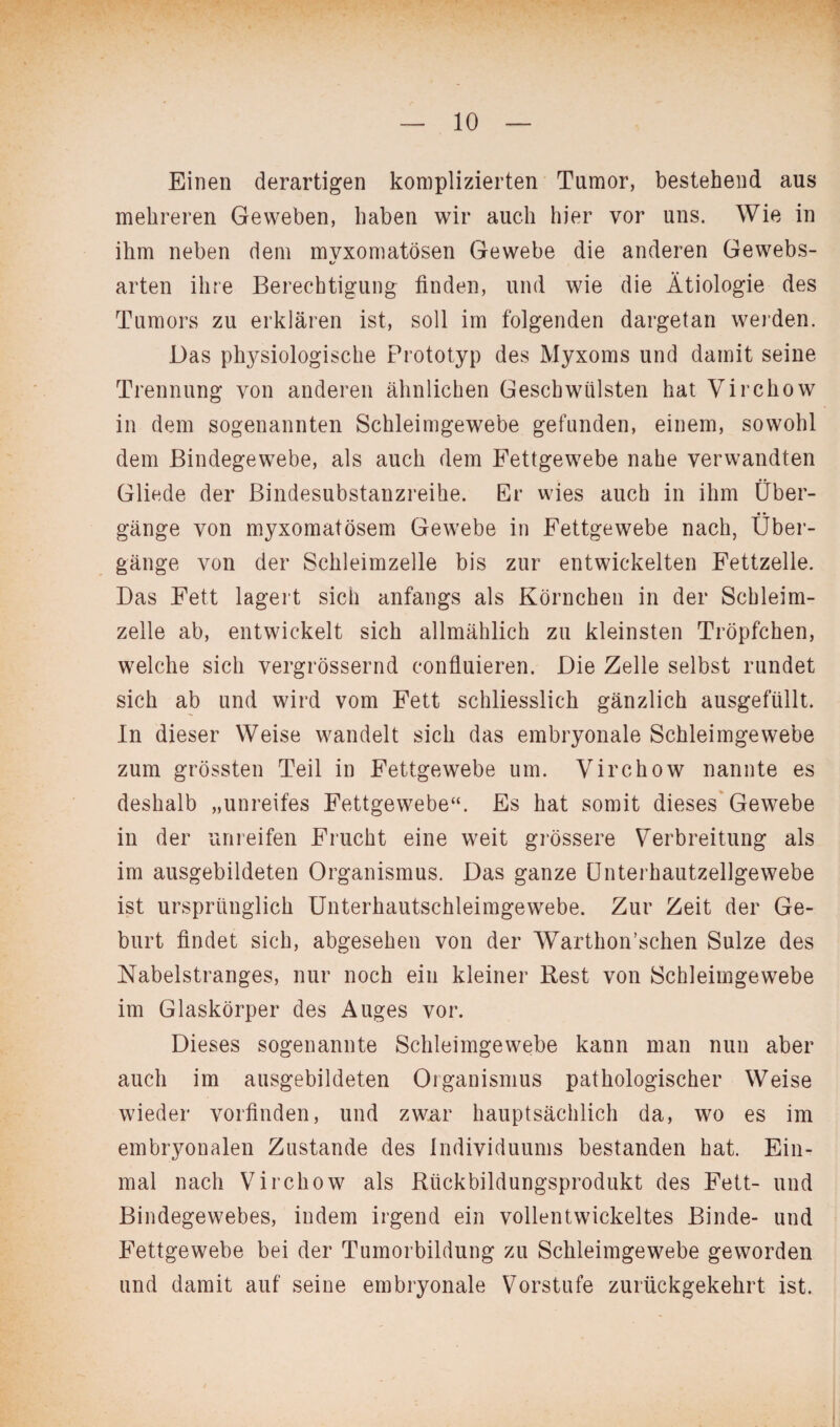 Einen derartigen komplizierten Tumor, bestehend aus mehreren Geweben, haben wir auch hier vor uns. Wie in ihm neben dem mvxomatösen Gewebe die anderen Gewebs- t/ arten ihre Berechtigung finden, und wie die Ätiologie des Tumors zu erklären ist, soll im folgenden dargetan werden. Das physiologische Prototyp des Myxoms und damit seine Trennung von anderen ähnlichen Geschwülsten hat Virchow in dem sogenannten Schleimgewebe gefunden, einem, sowohl dem Bindegewebe, als auch dem Fettgewebe nahe verwandten Gliede der Bindesubstanzreihe. Er wies auch in ihm Über¬ gänge von myxomatösem Gewebe in Fettgewebe nach, Über¬ gänge von der Schleimzelle bis zur entwickelten Fettzelle. Das Fett lagert sich anfangs als Körnchen in der Schleim¬ zelle ab, entwickelt sich allmählich zu kleinsten Tröpfchen, welche sich vergrössernd confluieren. Die Zelle selbst rundet sich ab und wird vom Fett schliesslich gänzlich ausgefüllt. In dieser Weise wandelt sich das embryonale Schleimgewebe zum grössten Teil in Fettgewebe um. Virchow nannte es deshalb „unreifes Fettgewebe“. Es hat somit dieses Gewebe in der unreifen Frucht eine weit grössere Verbreitung als im ausgebildeten Organismus. Das ganze Unterhautzellgewebe ist ursprünglich Unterhautschleimgewebe. Zur Zeit der Ge¬ burt findet sich, abgesehen von der Warthon’schen Sülze des Nabelstranges, nur noch ein kleiner Rest von Schleimgewebe im Glaskörper des Auges vor. Dieses sogenannte Schleimgewebe kann man nun aber auch im ausgebildeten Organismus pathologischer Weise wieder vorfinden, und zwar hauptsächlich da, wo es im embryonalen Zustande des Individuums bestanden hat. Ein¬ mal nach Virchow als Rückbildungsprodukt des Fett- und Bindegewebes, indem irgend ein vollentwickeltes Binde- und Fettgewebe bei der Tumorbildung zu Schleimgewebe geworden und damit auf seine embryonale Vorstufe zurückgekehrt ist.