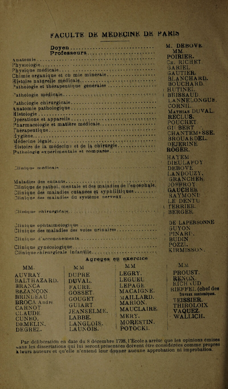 Doyen. . Professeurs. Auatomie .. .... Physiologie. Physique médicale.• Chimie organique et ch mie minérale.... Histoire naturelle médicale..... Pathologie et thérapeutique générales .... Pathologie médicale.. Pathologie chirurgicale.. \natomie pathologique. Histologie... Opérations et appareils...... — Pharmacologie et matière médicale. Thérapeutique. .Hygiène.... Vlédecine légale.. Histoire de la médecins et de la chirurgie Pathologie «xoerimentale et comparée. . . .311010u<- oiéhicaie -Vlaladies des eiiiauts.,••••,' V 'T • Clinique de oathol. mentale et des maladies de Tepcephale. Clinique des maladies cutanées et syphilitiques. .■3liniQnc dos maladies du système nerveux. ClirMQOo chirurgicale M. DEBOViî. MM. POIRIER. Ck. RICHET. GARIEL GAUTIER. BLANCHARD. BOUCHARD. ! HUTINEL. 1 BRISSAUD. LANNELONGUfc. CORNIL. Mathias DU VAL. RECLUS. POUCHET. GU BERT CHANTEMhSSE. BROUARDEL. DEJERINE ROGER. HAYEM DIEULAKOY DEBOVE LANDOUZY. GRANCHEH. JÔEFROY. gaucher RAYMOND LE DENTU \ TERRIER. , BERGER. Clinique optitaimoiogique . ............ Clinique des maladies des voies urinaires Cliniüne d’accouchements. Clinique gynécologique Cliniouechirurgicale infantile MM. M M DUPRE DUVAL. AUVRAY. BALTHAZARD. BRANCA BEZANCON. brindéau BROCA André CARNOT CLAUDE CUNEO. DEMELIN. DEGREZ. i FAURE. I GOSSET. i GOUGET. : GUIART. , JEANSELME. LABBE. ; LANGLQIS,. I LAUNOIS. exercice [ MM ' LEGRY. I LEGUEU LEPAGE MACAIGNE. maillard. MARION. ' MAUCLAIRE. f MERY. I MORESTIN- I POTOCKI. DE LAPERSONINE GUYON PINARD. BUDIN POZZI. EIRMISîSON. MM PROUST. RICH vUD RIEFFEL (chef des Travaux anatonaiquei. I TEISSIER. 1 THIROLOIX ; VAQUEZ. I WALLICH. Par délibération en date du 8 décembre 1798, DEcole a arrêté que les opinions emises uans les dissertations qui lui seront présentées doivent être considérées comme propres à leurs auteurs et qu’elle n’entend leur donner aucune approbation ni improbation.