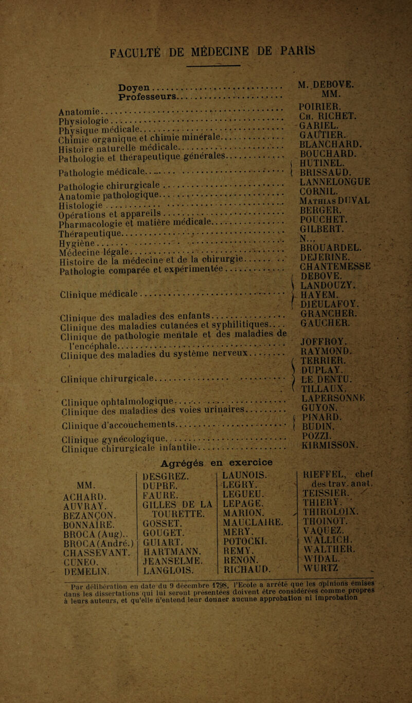 Doyen. M.DEBOVE. Professeurs... MM. Anatomie.... Physiologie .... Physique médicale... Chimie organique et chimie minérale. Histoire naturelle médicale.. Pathologie et thérapeutique générales... Pathologie médicale.-. Pathologie chirurgicale. Anatomie pathologique. Histologie... . Opérations et appareils.... .... Pharmacologie et matière medicale. Thérapeutique.;.•/ Hygiène.... • -..* Médecine légale--• ---- Histoire de la médecine et de la chirurgie.... Pathologie comparée et expérimentée ............. Clinique médicale.... Clinique des maladies des enfants.y.*. Clinique des maladies cutanées et syphilitiques.... Clinique de pathologie mentale et des maladies de l’encéphale...;.. Clinique des maladies du système nerveux........ / * - , v A -V *• Clinique chirurgicale.... Clinique ophtalmologique. •• y- • ••;•• .. Clinique des maladies des voies urinaires.... Clinique d’accouchements...• Clinique gynécologique. ... Clinique chirurgicale infantile.. ... POIRIER. Ch. RICHET. GARIEL. GAUTIER. BLANCHARD. BOUCHARD, j HUT1NEL. ( BRISSAUD. LANNELONGUE CORNIL. Mathias DUVAL BERGER. POUCHET. GILBERT. N... BROUARDEL. DEJERINE. GHANTEMESSE t DEBOVE. \ LANDOUZY. ) HAYEM. f DIËULAFOY. GRANCHER. GAUCHER. JOFFROY. RAYMOND, (TERRIER. ) DUPLAY. ) LE DENT U. ( TILLAUX. LAPERSONNE GUYON. ( PINARD. ( BUDIN. POZZI. KIRMISSON. Agrégés en exercice MM. ACHARD. AUVRAY. BEZANÇON. BONNA1RE. BROCA(Aug).. BROCA(André.) CHASSEVANT. CUNEO. DEMEL1N. DESGI1EZ. DUPRE. FAURE. GILLES DE LA TOURETTE. GOSSET. GOUGET. GUIART. HARTMANN. JEANSELME. LANGLOIS. LAUNOIS. LEGRY. LEGUEU. LEPAGE. MARION. MAUCLA1RE. MERY. POTOCKI. REMY. RENON. RICHAUD. RIEFFEL, chef des trav. anal , TEISSIER. / TH1ERY. ' THIROLOIX. THOINOT. VAQUEZ. WALLICH. WALTHER. WIDAL. WURTZ Par délibération en date du 9 décembre 1798, l’Ecole a arrêté que les opinions omises dans les dissertations qui lui seront présentées doivent être considérées comme propres à leurs auteurs, et qu’elle n’entend leur donner aucune approbation ni improbation