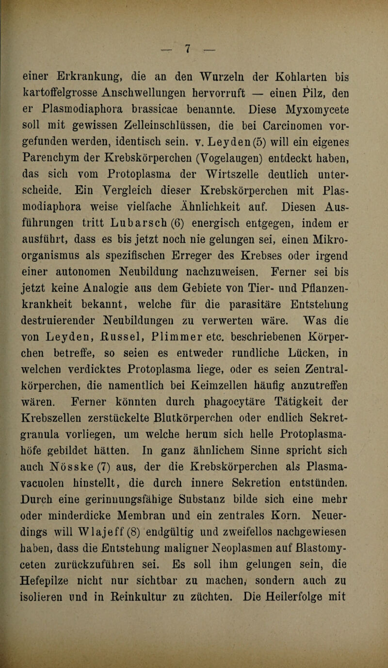 einer Erkrankung, die an den Wurzeln der Kohlarten bis kartoffelgrosse Anschwellungen hervorruft — einen Pilz, den er Plasmodiaphora brassicae benannte. Diese Myxomycete soll mit gewissen Zelleinschlüssen, die bei Carcinomen vor¬ gefunden werden, identisch sein. v. Leyden(5) will ein eigenes Parenchym der Krebskörperchen (Vogelaugen) entdeckt haben, das sich vom Protoplasma der Wirtszelle deutlich unter¬ scheide. Ein Vergleich dieser Krebskörperchen mit Plas¬ modiaphora weise vielfache Ähnlichkeit auf. Diesen Aus¬ führungen tritt Lubarsch(6) energisch entgegen, indem er austührt, dass es bis jetzt noch nie gelungen sei, einen Mikro¬ organismus als spezifischen Erreger des Krebses oder irgend einer autonomen Neubildung nachzuweisen. Ferner sei bis jetzt keine Analogie aus dem Gebiete von Tier- und Pflanzen¬ krankheit bekannt, welche für die parasitäre Entstehung destruierender Neubildungen zu verwerten wäre. Was die von Leyden, Kussel, Plimmer etc. beschriebenen Körper¬ chen betreffe, so seien es entweder rundliche Lücken, in welchen verdicktes Protoplasma liege, oder es seien Zentral¬ körperchen, die namentlich bei Keimzellen häufig anzutreffen wären. Ferner könnten durch phagocytäre Tätigkeit der Krebszellen zerstückelte Blutkörperchen oder endlich Sekret¬ granula vorliegen, um welche herum sich helle Protoplasma¬ höfe gebildet hätten. In ganz ähnlichem Sinne spricht sich auch Nösske(7) aus, der die Krebskörperchen als Plasma- vacuolen hinstellt, die durch innere Sekretion entstünden. Durch eine gerinnungsfähige Substanz bilde sich eine mehr oder minderdicke Membran und ein zentrales Korn. Neuer¬ dings will Wlajeff (8) endgültig und zweifellos nachgewiesen haben, dass die Entstehung maligner Neoplasmen auf ßlastomy- ceten zurückzufühlen sei. Es soll ihm gelungen sein, die Hefepilze nicht nur sichtbar zu machen, sondern auch zu isolieren und in Reinkultur zu züchten. Die Heilerfolge mit
