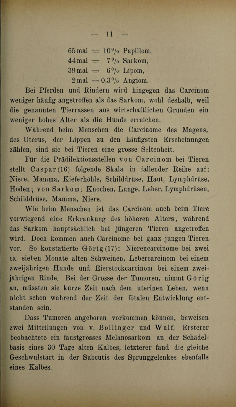 65mal = 10°/o Papillom, 44 mal = 7°/o Sarkom, 39 mal — 6°/o Lipom, 2 mal —0,3% Angiom. Bei Pferden und Bindern wird hingegen das Gardnern weniger häufig angetroffen als das Sarkom, wohl deshalb, weil die genannten Tierrassen aus wirtschaftlichen Gründen ein weniger hohes Alter als die Hunde erreichen. Während beim Menschen die Carcinome des Magens, des Uterus, der Lippen zu den häufigsten Erscheinungen zählen, sind sie bei Tieren eine grosse Seltenheit. Für die Prädilektionsstellen von Carcinom bei Tieren stellt Caspar (16) folgende Skala in fallender Reihe auf: Niere, Mamma, Kieferhöhle, Schilddrüse, Haut, Lymphdrlise, Hoden; von Sarkom: Knochen, Lunge, Leber, Lymphdrüsen, Schilddrüse, Mamma, Niere. Wie beim Menschen ist das Carcinom auch beim Tiere vorwiegend eine Erkrankung des höheren Alters, während das Sarkom hauptsächlich bei jüngeren Tieren angetroffen wird. Doch kommen auch Carcinome bei ganz jungen Tieren vor. So konstatierte Görig(17): Nierencarcinome bei zwei ca. sieben Monate alten Schweinen, Lebercarcinom bei einem zweijährigen Hunde und Eierstockcarcinom bei einem zwei¬ jährigen Rinde. Bei der Grösse der Tumoren, nimmt Görig an, müssten sie kurze Zeit nach dem uterinen Leben, wenn nicht schon während der Zeit der fötalen Entwicklung ent¬ standen sein. Dass Tumoren angeboren Vorkommen können, beweisen zwei Mitteilungen von v. Bölling er und Wulf. Ersterer beobachtete ein faustgrosses Melanosarkom an der Schädel¬ basis eines 30 Tage alten Kalbes, letzterer fand die gleiche Geschwulstart in der Subcutis des Sprunggelenkes ebenfalls eines Kalbes.