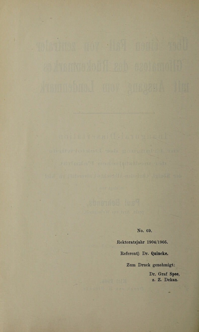 Rektorats] ahr 1904/1905. Referent]: Dr. Quincke. Zum Druck genehmigt: Dr. Graf Spee, z. Z. Dekan.