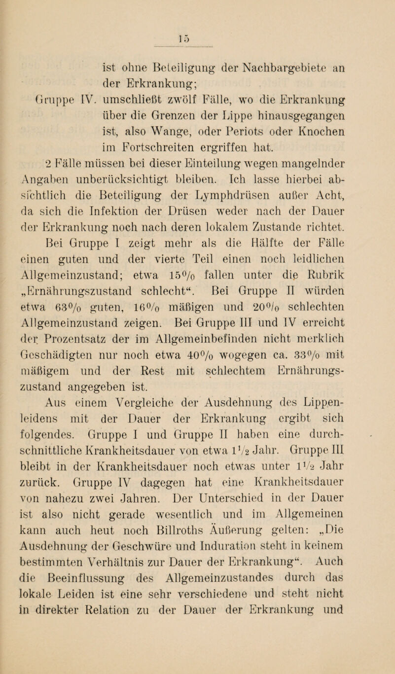 ist ohne Beteiligung der Nachbargebiete an der Erkrankung; Gruppe IV. umschließt zwölf Fälle, wo die Erkrankung über die Grenzen der Lippe hinausgegangen ist, also Wange, oder Periots oder Knochen im Fortschreiten ergriffen hat. 2 Fälle müssen bei dieser Einteilung wegen mangelnder Angaben unberücksichtigt bleiben. Ich lasse hierbei ab¬ sichtlich die Beteiligung der Lymphdrüsen außer Acht, da sich die Infektion der Drüsen weder nach der Dauer der Erkrankung noch nach deren lokalem Zustande richtet. Bei Gruppe I zeigt mehr als die Hälfte der Fälle einen guten und der vierte Teil einen noch leidlichen Allgemeinzustand; etwa 15% fallen unter die Rubrik „Ernährungszustand schlecht“. Bei Gruppe II würden etwa 63% guten, 16% mäßigen und 20% schlechten Allgemeinzustand zeigen. Bei Gruppe III und IV erreicht der Prozentsatz der im Allgemeinbefinden nicht merklich Geschädigten nur noch etwa 40% wogegen ca. 33% mit mäßigem und der Rest mit schlechtem Ernährungs¬ zustand angegeben ist. Aus einem Vergleiche der Ausdehnung des Lippen¬ leidens mit der Dauer der Erkrankung ergibt sich folgendes. Gruppe I und Gruppe II haben eine durch¬ schnittliche Krankheitsdauer von etwa 1V2 Jahr. Gruppe 111 bleibt in der Krankheitsdauer noch etwas unter 1V2 Jahr zurück. Gruppe IV dagegen hat eine Krankheitsdauer von nahezu zwei Jahren. Der Unterschied in der Dauer ist also nicht gerade wesentlich und im Allgemeinen kann auch heut noch Billroths Äußerung gelten: „Die Ausdehnung der Geschwüre und Induration steht in keinem bestimmten Verhältnis zur Dauer der Erkrankung“. Auch die Beeinflussung des Allgemeinzustandes durch das lokale Leiden ist eine sehr verschiedene und steht nicht in direkter Relation zu der Dauer der Erkrankung und