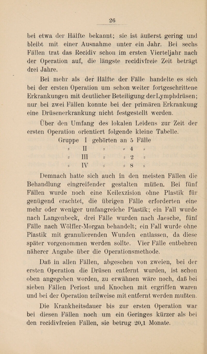 bei etwa der Hälfte bekannt; sie ist äußerst gering und bleibt mit einer Ausnahme unter ein Jahr. Bei sechs Fällen trat das Recidiv schon im ersten Vierteljahr nach der Operation auf, die längste recidivfreie Zeit beträgt drei Jahre. Bei mehr als der Hälfte der Fälle handelte es sich bei der ersten Operation um schon weiter fortgeschrittene Erkrankungen mit deutlicher Beteiligung derLymphdrüsen; nur bei zwei Fällen konnte bei der primären Erkrankung eine Drüsenerkrankung nicht festgestellt werden. Über den Umfang des lokalen Leidens zur Zeit der ersten Operation orientiert folgende kleine Tabelle. Gruppe I gehörten an 5 Fälle II III IV Demnach hatte sich auch in den meisten Fällen die Behandlung eingreifender gestalten müßen. Bei fünf Fällen wurde noch eine Keilexzision ohne Plastik für genügend erachtet, die übrigen Fälle erforderten eine mehr oder weniger umfangreiche Plastik; ein Fall wurde nach Langenbeek, drei Fälle wurden nach Jaesche, fünf Fälle nach Wölfler-Morgan behandelt; ein Fall wurde ohne Plastik mit granulierenden Wunden entlassen, da diese später vorgenommen werden sollte. Vier Fälle entbehren näherer Angabe über die Operationsmethode. Daß in allen Fällen, abgesehen von zweien, bei der ersten Operation die Drüsen entfernt wurden, ist schon oben angegeben worden, zu erwähnen wäre noch, daß bei sieben Fällen Periost und Knochen mit ergriffen waren und bei der Operation teilweise mit entfernt werden mußten. Die Krankheitsdauer bis zur ersten Operation war bei diesen Fällen noch um ein Geringes kürzer als bei den recidivfreien Fällen, sie betrug 20,1 Monate.