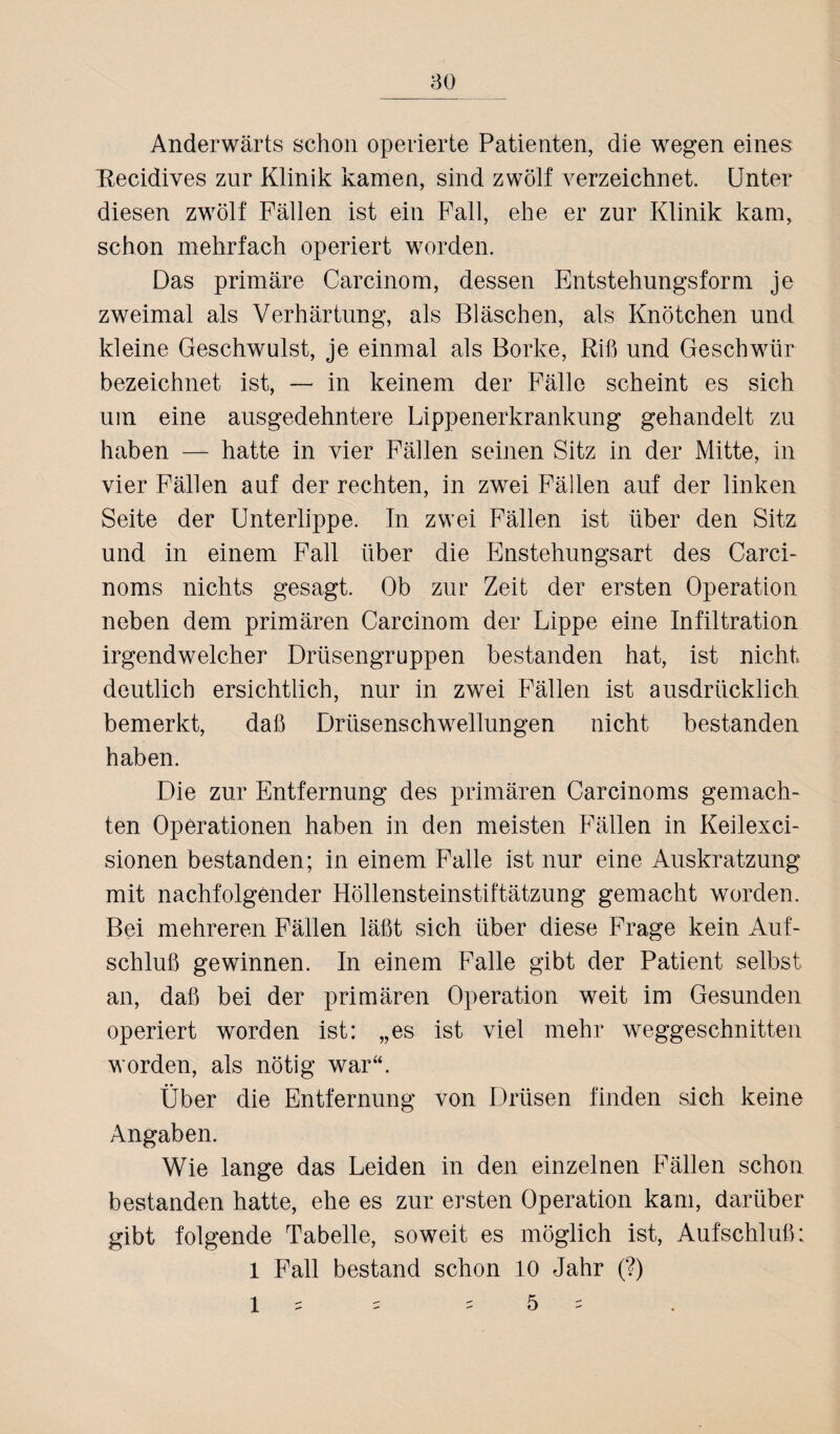 Anderwärts schon operierte Patienten, die wegen eines Eecidives zur Klinik kamen, sind zwölf verzeichnet. Unter diesen zwölf Fällen ist ein Fall, ehe er zur Klinik kam, schon mehrfach operiert worden. Das primäre Carcinom, dessen Entstehungsform je zweimal als Verhärtung, als Bläschen, als Knötchen und kleine Geschwulst, je einmal als Borke, Riß und Geschwür bezeichnet ist, — in keinem der Fälle scheint es sich um eine ausgedehntere Lippenerkrankung gehandelt zu haben — hatte in vier Fällen seinen Sitz in der Mitte, in vier Fällen auf der rechten, in zwei Fällen auf der linken Seite der Unterlippe. In zwei Fällen ist über den Sitz und in einem Fall über die Enstehungsart des Carci- noms nichts gesagt. Ob zur Zeit der ersten Operation neben dem primären Carcinom der Lippe eine Infiltration irgendwelcher Drüsengruppen bestanden hat, ist nicht deutlich ersichtlich, nur in zwei Fällen ist ausdrücklich bemerkt, daß Drüsenschwellungen nicht bestanden haben. Die zur Entfernung des primären Carcinoms gemach¬ ten Operationen haben in den meisten Fällen in Keilexci- sionen bestanden; in einem Falle ist nur eine Auskratzung mit nachfolgender Höllensteinstiftätzung gemacht worden. Bei mehreren Fällen läßt sich über diese Frage kein Auf¬ schluß gewinnen. In einem Falle gibt der Patient selbst an, daß bei der primären Operation weit im Gesunden operiert worden ist: „es ist viel mehr weggeschnitten worden, als nötig war“. Über die Entfernung von Drüsen finden sich keine Angaben. Wie lange das Leiden in den einzelnen Fällen schon bestanden hatte, ehe es zur ersten Operation kam, darüber gibt folgende Tabelle, soweit es möglich ist, Aufschluß: 1 Fall bestand schon 10 Jahr (?)