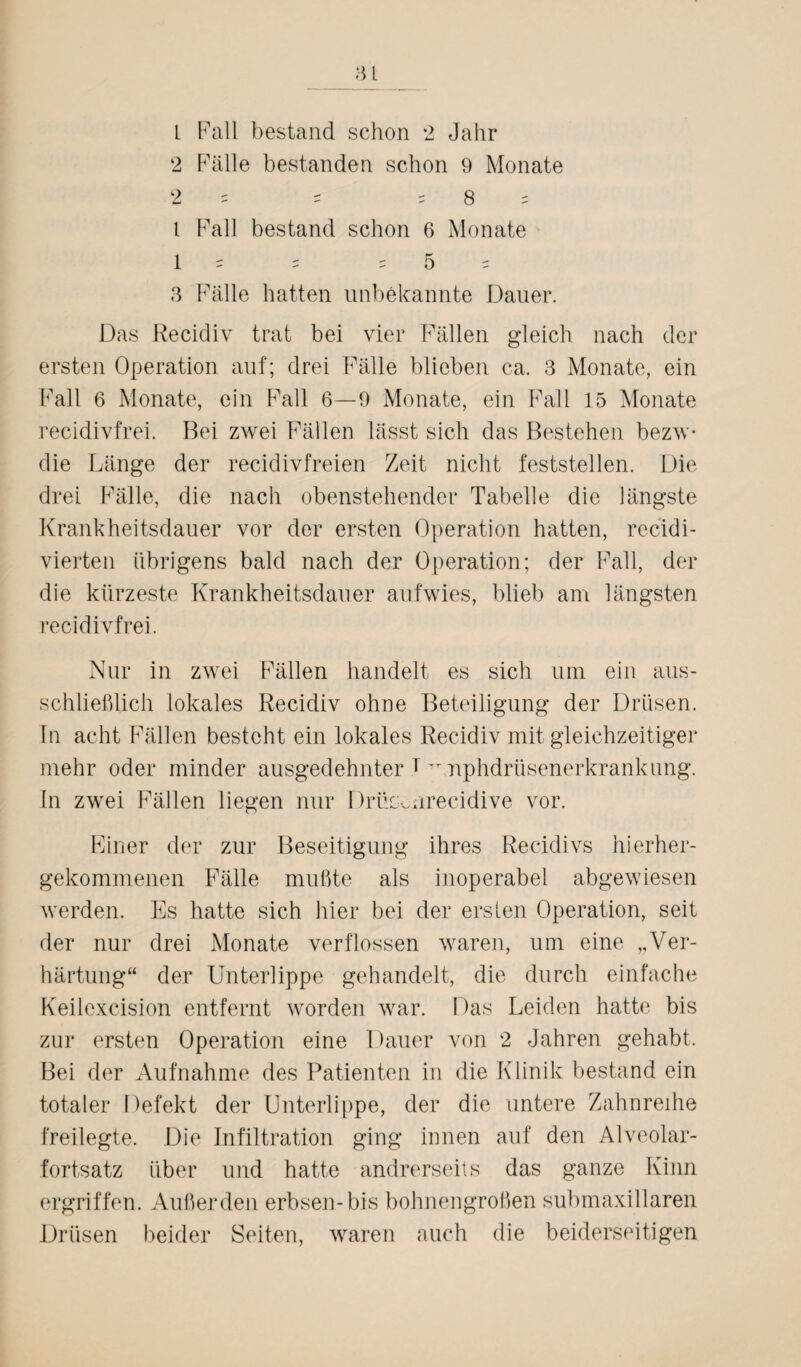 2 Fälle bestanden schon 9 Monate 2 - S 5 8 5 l Fall bestand schon 6 Monate 1 5 S 5 5 5 3 Fälle hatten unbekannte Dauer. Das Recidiv trat bei vier Fällen gleich nach der ersten Operation auf; drei Fälle blieben ca, 3 Monate, ein Fall 6 Monate, ein Fall 6—9 Monate, ein Fall 15 Monate recidivfrei. Bei zwei Fällen lässt sich das Bestehen bezw- die Länge der recidivfreien Zeit nicht feststellen. Die drei Fälle, die nach obenstehender Tabelle die längste Krankheitsdauer vor der ersten Operation hatten, recidi- vierten übrigens bald nach der Operation; der Fall, der die kürzeste Krankheitsdauer aufwies, blieb am längsten recidivfrei. Nur in zwei Fällen handelt es sich uni ein aus¬ schließlich lokales Recidiv ohne Beteiligung der Drüsen. In acht Fällen besteht ein lokales Recidiv mit gleichzeitiger mehr oder minder ausgedehnter T ^ nphdrüsenerkrankung. In zwei Fällen liegen nur Drüc^nrecidive vor. Einer der zur Beseitigung ihres Recidivs hierher¬ gekommenen Fälle mußte als inoperabel abgewiesen werden. Es hatte sich hier bei der ersten Operation, seit der nur drei Monate verflossen waren, um eine „Ver¬ härtung“ der Unterlippe gehandelt, die durch einfache Keilexcision entfernt worden war. Das Leiden hatte bis zur ersten Operation eine I lauer von 2 Jahren gehabt. Bei der Aufnahme des Patienten in die Klinik bestand ein totaler Defekt der Unterlippe, der die untere Zahnreihe freilegte. Die Infiltration ging innen auf den Alveolar¬ fortsatz über und hatte andrerseits das ganze Kinn ergriffen. Außer den erbsen-bis bohnengroßen submaxillaren Drüsen beider Seiten, waren auch die beiderseitigen
