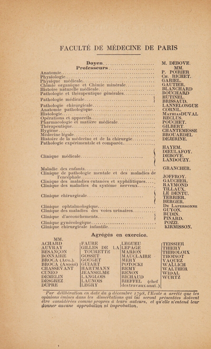 y Doyen. Professeurs. Anatomie.i. Physiologie... Physique médicale.. Chimie organique et Chimie minérale... Histoire naturelle médicale.... Pathologie et thérapeuticjue générales.... Pathologie médicale.... Pathologie chirurgicale.. Anatomie pathologique- .. Histologie...,.. Opérations et appareils.... Pharmacologie et matière médicale. Thérapeuticjue.... Hygiène..'.... Médecine légale... Histoire delà médecine et de la chirurgie Pathologie expérimentale et comparée. Clinique médicale Maladie des enfants. Clinique de pathologie mentale et des maladies de l’encéphale., Clinique des maladies cutanées et syphilitiques..... Clinique des maladies du système nerveux.^ Clinique chirurgicale. Clinique ophtalmologique. Clinicjue des maladies des voies urinaires Clinique d’accouchements. Clinicjue gynécologicjue. Clinique chirurgicale infantile.. M. DEBOVE. MM. P. POIRIER Ch. RICHET. GARIEL. GAUTIER. BLANCHARD BOUCHARD HUTINEL. BRISSAUD. LANNELONGUE CORNIL. MathiasDU V AL RECLUS. POUCHET. GILBERT. GHANTEMESSE BROUARDEL DEJERINE. HAYEM. DIEULAFOY. DEBOVE. LANDOUZY. GRANCHER. JOFFROY. GAUCHER. RAYMOND TILLAUX. LE DENTU. TERRIER. BERGER. De Lapersonne GUYON. BUDIN. PINARD. POZZI. KIRMISSON, Agrég'és en exercice. MM. ACIIARD FAURE LEGUEU AUVRAY GILLES DE LA LEPAGE BESANÇON TOÜRETTE MARION BONNAIILF GOSSET MAUCLAIRE ■ BROCA (Aug.). GOUGET MERY BROC A (André) GUIART POTOCKI CHASSEVANT HARTMANN REMY CUNEO JEANSELME RE NON DEMELIN LANGLOIS RICHAUD DESGREZ LAUNOIS RIE F F E L (chef DUPRE LEGRY des travaux auat. ) TËISSIER THIERY THIROLOIX THOINOT VAQUEZ WALLICH WALTHER WIDAL WÜRTZ Far délibération en date du g décembre 1^98, l’Ecole a arrêté que les opinions émises dans les dissertations qui tiii seront présentées doivent être considérées comme propres à leurs auteurs, et qu’elle n’entend leur ^QUner aucune approbation ni improbation.