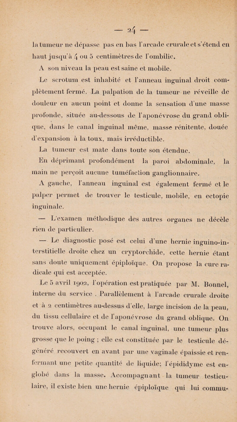 la tumeur ne dépasse pas en bas l’arcade crurale et s’étend en haut jusqu’à 4 ou 5 centimètres de l’ombilic. A son niveau la peau est saine et mobile. Le scrotum est inhabité et l’anneau inguinal droit com¬ plètement fermé. La palpation de la tumeur ne réveille de douleur en aucun point et donne la sensation d une masse profonde, située au-dessous de l’aponévrose du grand obli- » -a* que, dans le canal inguinal même, masse rénitente, douée d’expansion à la toux, mais irréductible. La tumeur est mate dans toute son étendue. En déprimant profondément la paroi abdominale, la main ne perçoit aucune tuméfaction ganglionnaire. A gauche, l’anneau inguinal est également fermé et le palper permet de trouver le testicule, mobile, en ectopie inguinale. — L’examen méthodique des autres organes ne décèle rien de particulier. — Le diagnostic posé est celui d’une hernie inguino-in- terstitielle droite chez un cryptorchide, cette hernie étant sans doute uniquement épiploïque. On propose la cure ra¬ dicale qui est acceptée. Le 5 avril ipos, 1 opération est pratiquée par M. Bonnel, interne du service . Parallèlement à l’arcade crurale droite et à 2 centimètres au-dessus d’elle, large incision de la peau, du tissu cellulaire et de l’aponévrose du grand oblique. On trouve alors, occupant le canal inguinal, une tumeur plus grosse que le poing ; elle est constituée par le testicule dé¬ généré recouvert en avant par une vaginale épaissie et ren¬ fermant une petite quantité de liquide; 1 épididyme est en¬ globé dans la masse. Accompagnant la tumeur testicu¬ laire, il existe bien une hernie épiploïque qui lui commu-