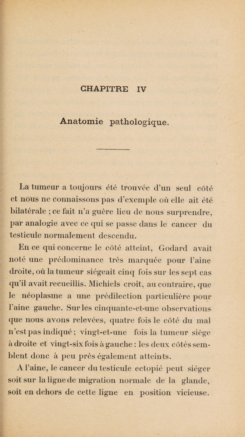 Anatomie pathologique. La tumeur a toujours été trouvée d’un seul côté et nous ne connaissons pas d’exemple où elle ait été bilatérale ; ce fait n’a guère lieu de nous surprendre, par analogie avec ce qui se passe dans le cancer du testicule normalement descendu. En ce qui concerne le côté atteint, Godard avait noté une prédominance très marquée pour l’aine droite, où la tumeur siégeait cinq fois sur les sept cas qu’il avait recueillis. Michiels croit, au contraire, que le néoplasme a une prédilection particulière pour l’aine gauche. Sur les cinquante-et-une observations que nous avons relevées, quatre fois le côté du mal n’est pas indiqué ; vingt-et-une fois la tumeur siège adroite et vingt-six fois à gauche : les deux côtés sem¬ blent donc à peu près également atteints. A l’aine, le cancer du testicule ectopié peut siéger soit sur la ligne de migration normale delà glande, soit en dehors de cette ligne en position vicieuse.