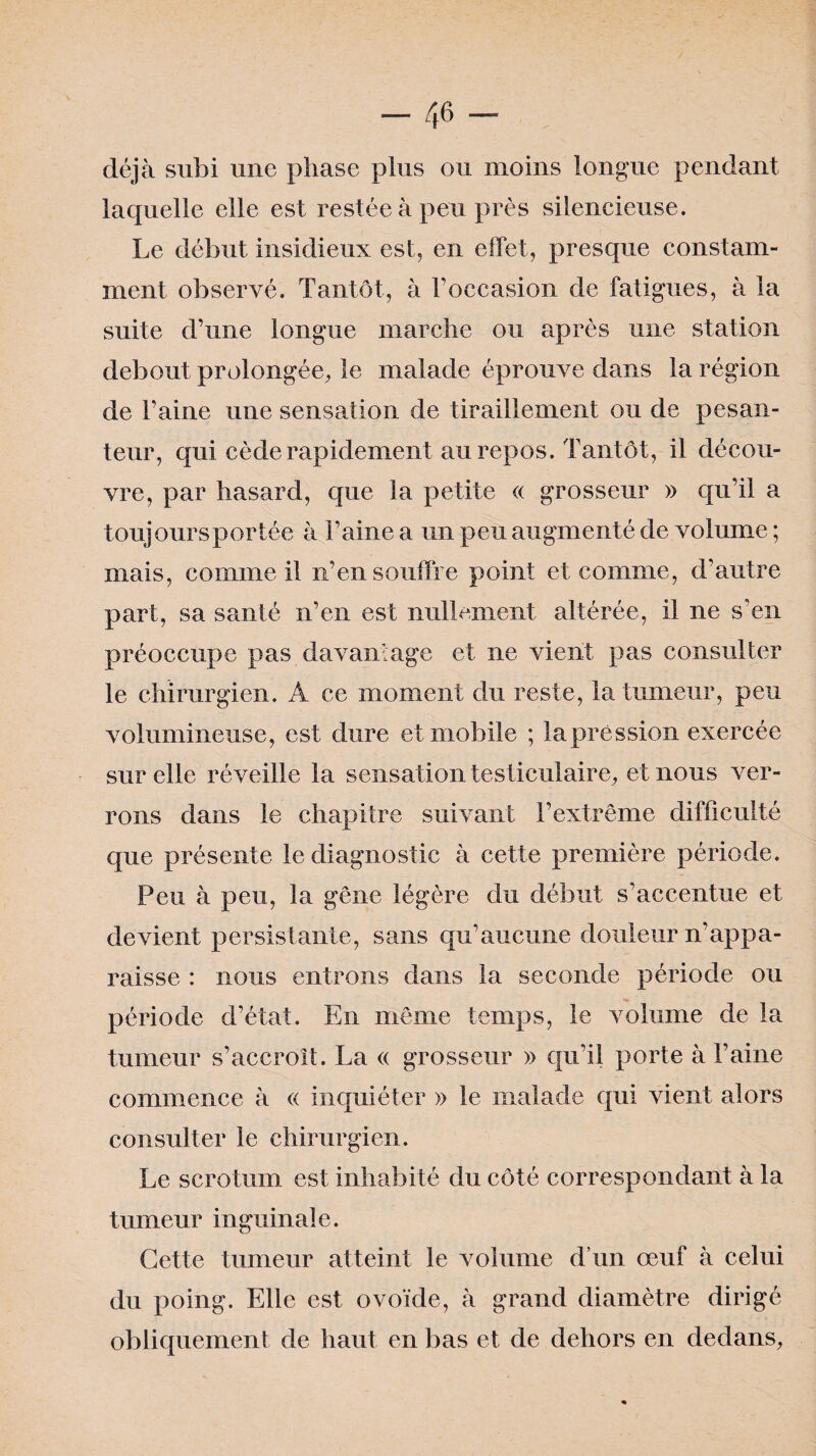 déjà subi une phase plus ou moins longue pendant laquelle elle est restée à peu près silencieuse. Le début insidieux est, en effet, presque constam¬ ment observé. Tantôt, à l’occasion de fatigues, à la suite d’une longue marche ou après une station debout prolongée, le malade éprouve dans la région de l’aine une sensation de tiraillement ou de pesan¬ teur, qui cède rapidement au repos. Tantôt, il décou¬ vre, par hasard, que la petite « grosseur » qu’il a toujours portée à l’aine a un peu augmenté de volume ; mais, comme il n’en souffre point et comme, d’autre part, sa santé n’en est nullement altérée, il ne s’en préoccupe pas davantage et ne vient pas consulter le chirurgien. A ce moment du reste, la tumeur, peu volumineuse, est dure et mobile ; la pression exercée sur elle réveille la sensation testiculaire, et nous ver¬ rons dans le chapitre suivant l’extrême difficulté que présente le diagnostic à cette première période. Peu à peu, la gêne légère du début s’accentue et devient persistante, sans qu’aucune douleur n’appa¬ raisse : nous entrons dans la seconde période ou période d’état. En même temps, le volume de la tumeur s’accroît. La « grosseur » qu’il porte à l’aine commence à « inquiéter » le malade qui vient alors consulter le chirurgien. Le scrotum est inhabité du côté correspondant à la tumeur inguinale. Cette tumeur atteint le volume d’un œuf à celui du poing. Elle est ovoïde, à grand diamètre dirigé obliquement de haut en bas et de dehors en dedans,