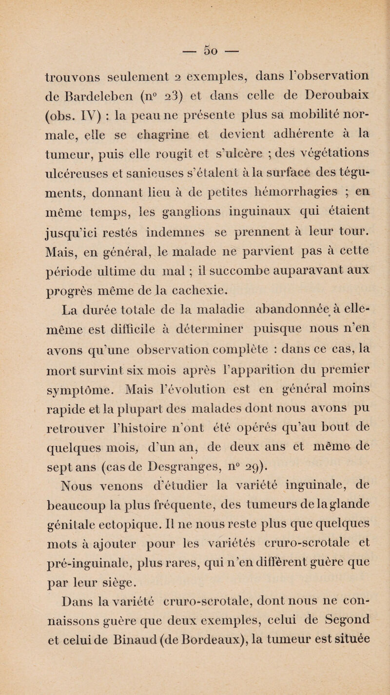 trouvons seulement 2 exemples, dans l’observation de Bardeleben (n° 23) et dans celle de Deroubaix (obs. IY) : la peau ne présente plus sa mobilité nor¬ male, elle se chagrine et devient adhérente à la tumeur, puis elle rougit et s'ulcère ; des végétations ulcéreuses et sauteuses s’étalent à la surface des tégu¬ ments, donnant lieu à de petites hémorrhagies ; en même temps, les ganglions inguinaux qui étaient jusqu’ici restés indemnes se prennent à leur tour. Mais, en général, le malade ne parvient pas à cette période ultime du mal ; il succombe auparavant aux progrès même de la cachexie. La durée totale de la maladie abandonnée à elle- même est difficile à déterminer puisque nous n’en avons qu’une observation complète : dans ce cas, la mort survint six mois après l’apparition du premier symptôme. Mais révolution est en général moins rapide et la plupart des malades dont nous avons pu retrouver l’histoire n'ont été opérés qu’au bout de quelques mois, d’un an, de deux ans et même de sept ans (cas de Desgranges, n° 29). Nous venons d’étudier la variété inguinale, de beaucoup la plus fréquente, des tumeurs de la glande génitale ectopique. Il ne nous reste plus que quelques mots à ajouter pour les variétés cruro-s crotale et pré-inguinale, plus rares, qui n’en diffèrent guère que par leur siège. Dans la variété cruro-scrotale, dont nous ne con¬ naissons guère que deux exemples, celui de Segond et celui de Binaud (de Bordeaux), la tumeur est située