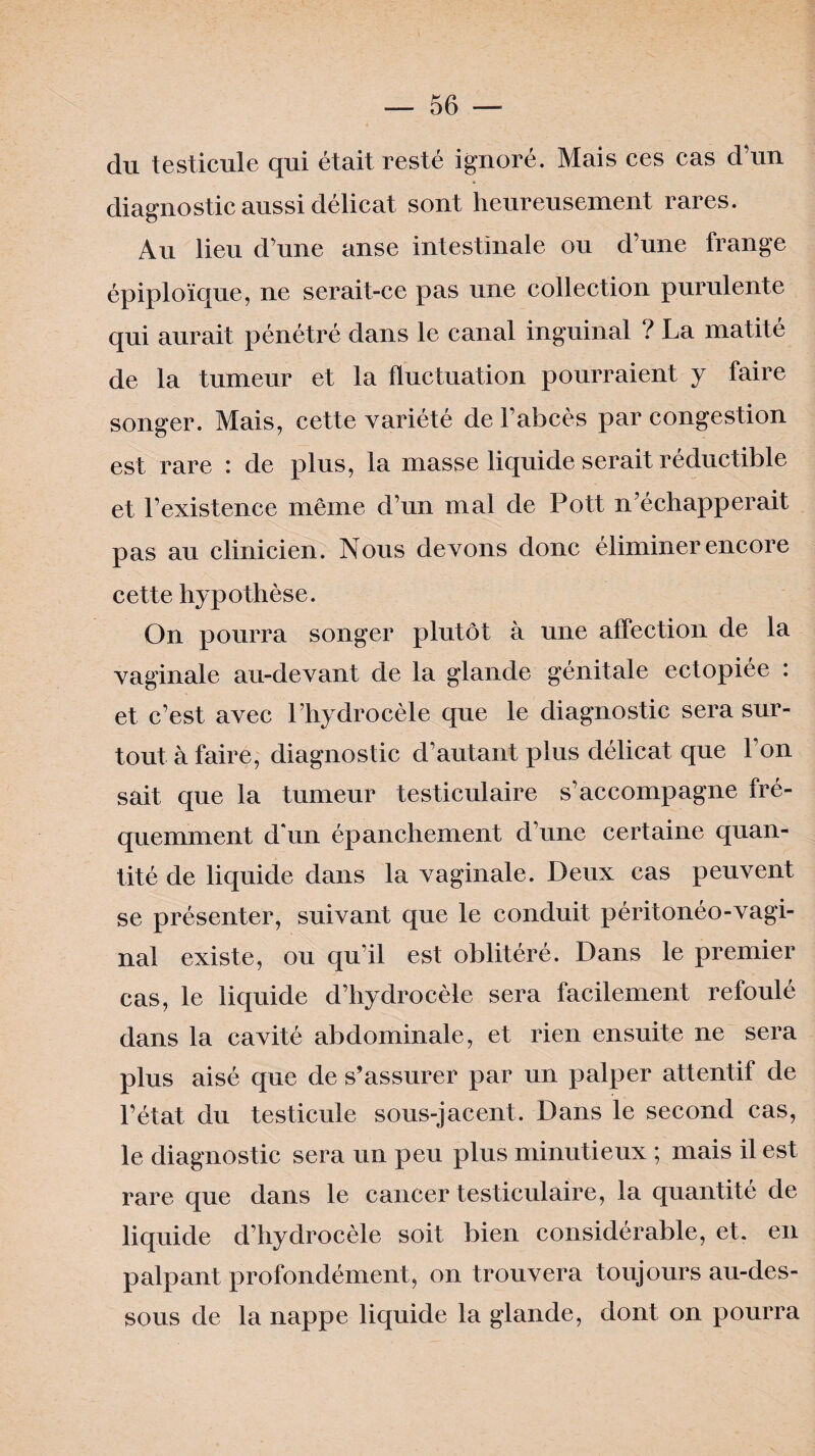 du testicule qui était resté ignoré. Mais ces cas d’un diagnostic aussi délicat sont heureusement rares. Au lieu d’une anse intestinale ou d’une frange épiploïque, ne serait-ce pas une collection purulente qui aurait pénétré dans le canal inguinal ? La matité de la tumeur et la fluctuation pourraient y faire songer. Mais, cette variété de l’abcès par congestion est rare : de plus, la masse liquide serait réductible et l’existence même d’un mal de Pott n’échapperait pas au clinicien. Nous devons donc éliminer encore cette hypothèse. On pourra songer plutôt à une affection de la vaginale au-devant de la glande génitale ectopiée : et c’est avec l’hydrocèle que le diagnostic sera sur¬ tout à faire, diagnostic d’autant plus délicat que l’on sait que la tumeur testiculaire s’accompagne fré¬ quemment d'un épanchement d’une certaine quan¬ tité de liquide dans la vaginale. Deux cas peuvent se présenter, suivant que le conduit péritonéo-vagi- nal existe, ou qu’il est oblitéré. Dans le premier cas, le liquide d’hydrocèle sera facilement refoulé dans la cavité abdominale, et rien ensuite ne sera plus aisé que de s’assurer par un palper attentif de l’état du testicule sous-jacent. Dans le second cas, le diagnostic sera un peu plus minutieux ; mais il est rare que dans le cancer testiculaire, la quantité de liquide d’hydrocèle soit bien considérable, et. en palpant profondément, on trouvera toujours au-des¬ sous de la nappe liquide la glande, dont on pourra